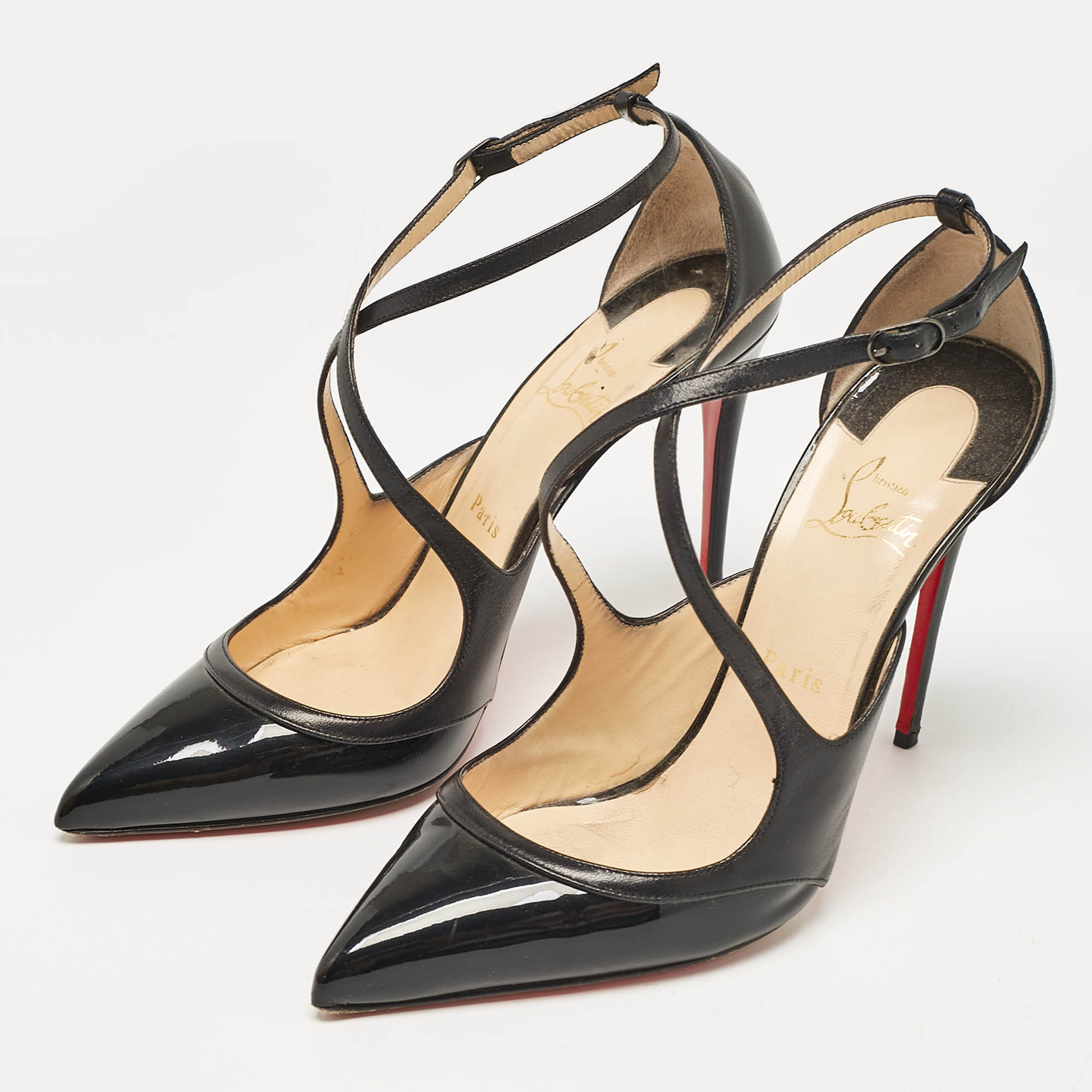 Christian Louboutin Black Patent And Leather Crossfliketa Pumps 40.5