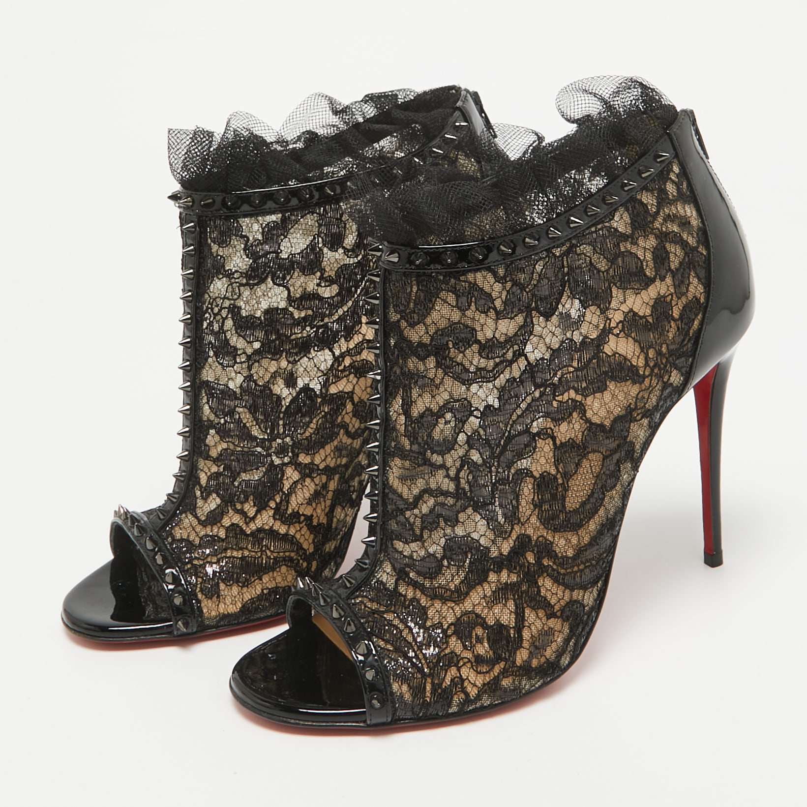 Christian Louboutin Black Lace And Patent Leather Juliettra Booties Size 38