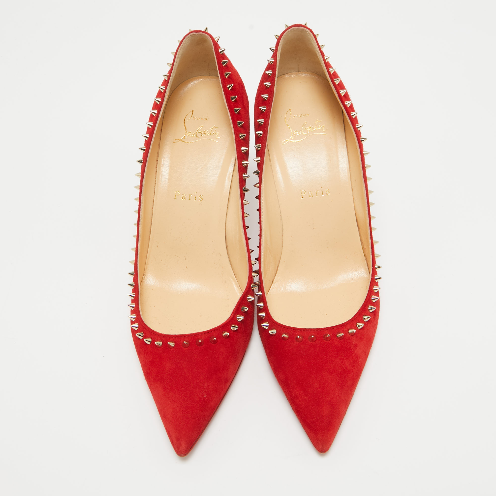 Christian Louboutin Red Suede Anjalina Spikes Pumps Size 38