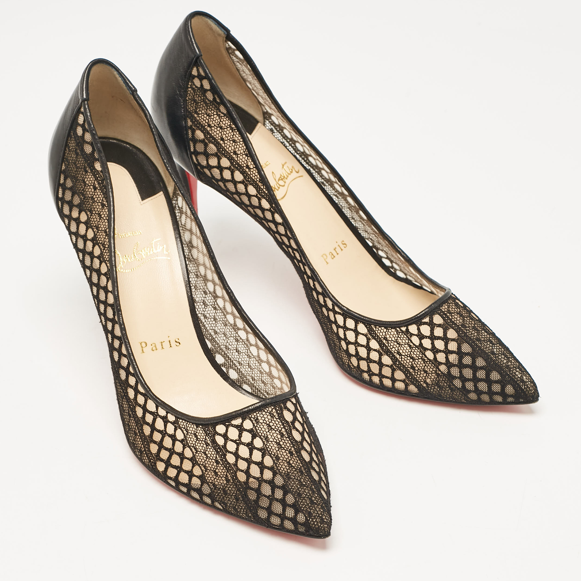 Christian Louboutin Black Lace And Leather Follies Lace Pumps Size 38.5