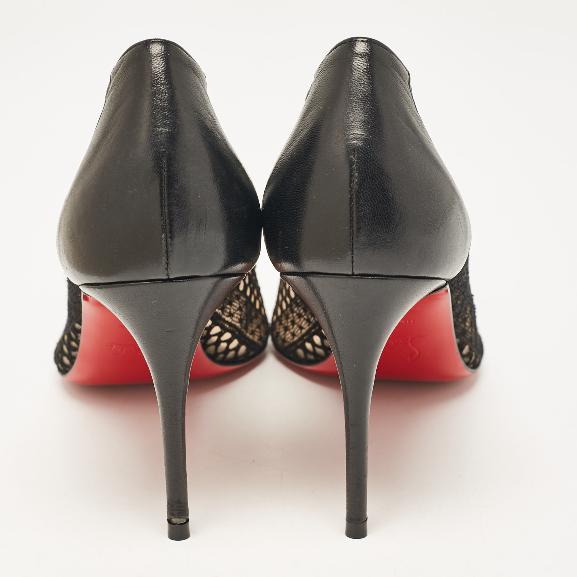 Christian Louboutin Black Lace And Leather Follies Lace Pumps Size 38.5