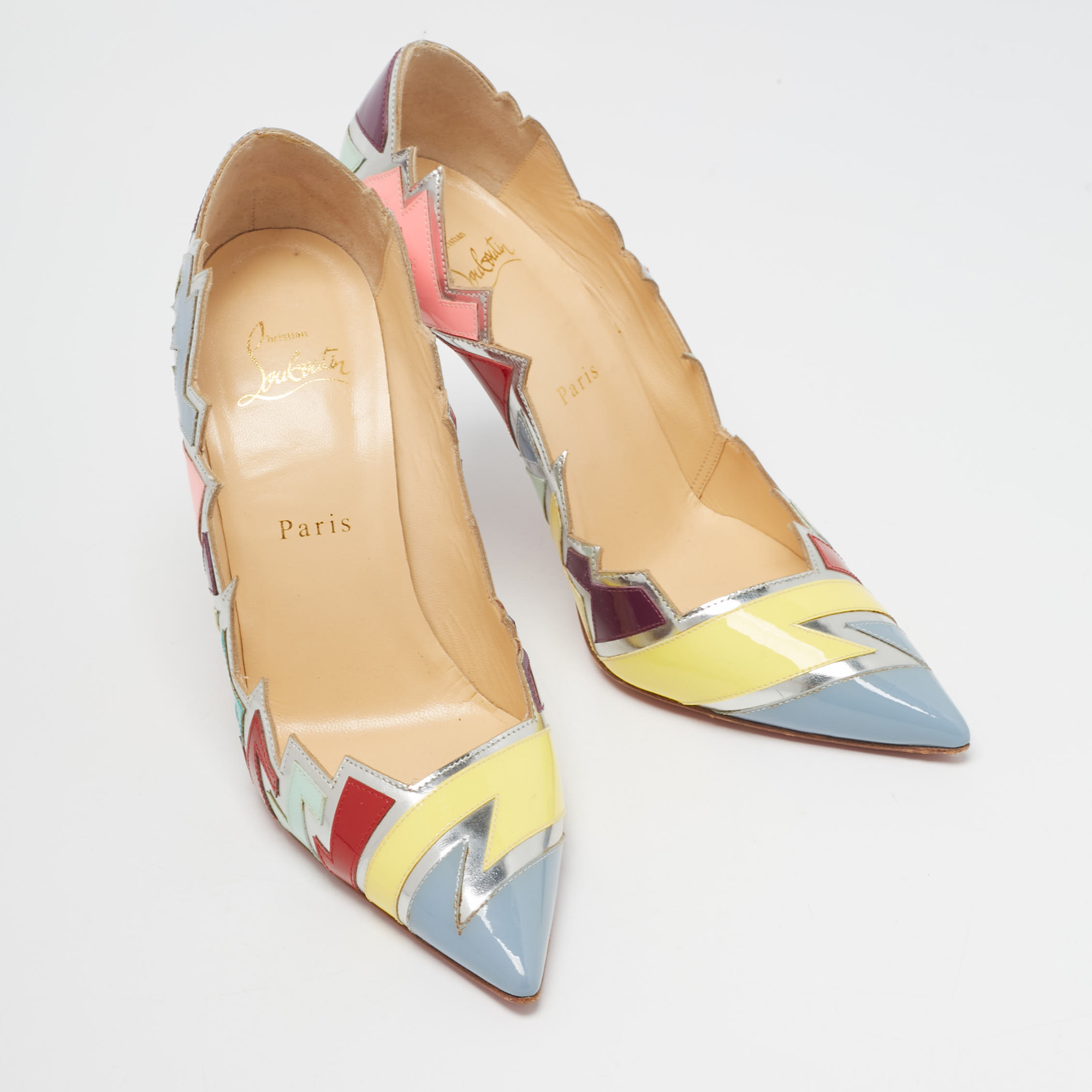 Christian Louboutin Multicolor Patent Leather Explotek Zig-Zag Pumps Size 38