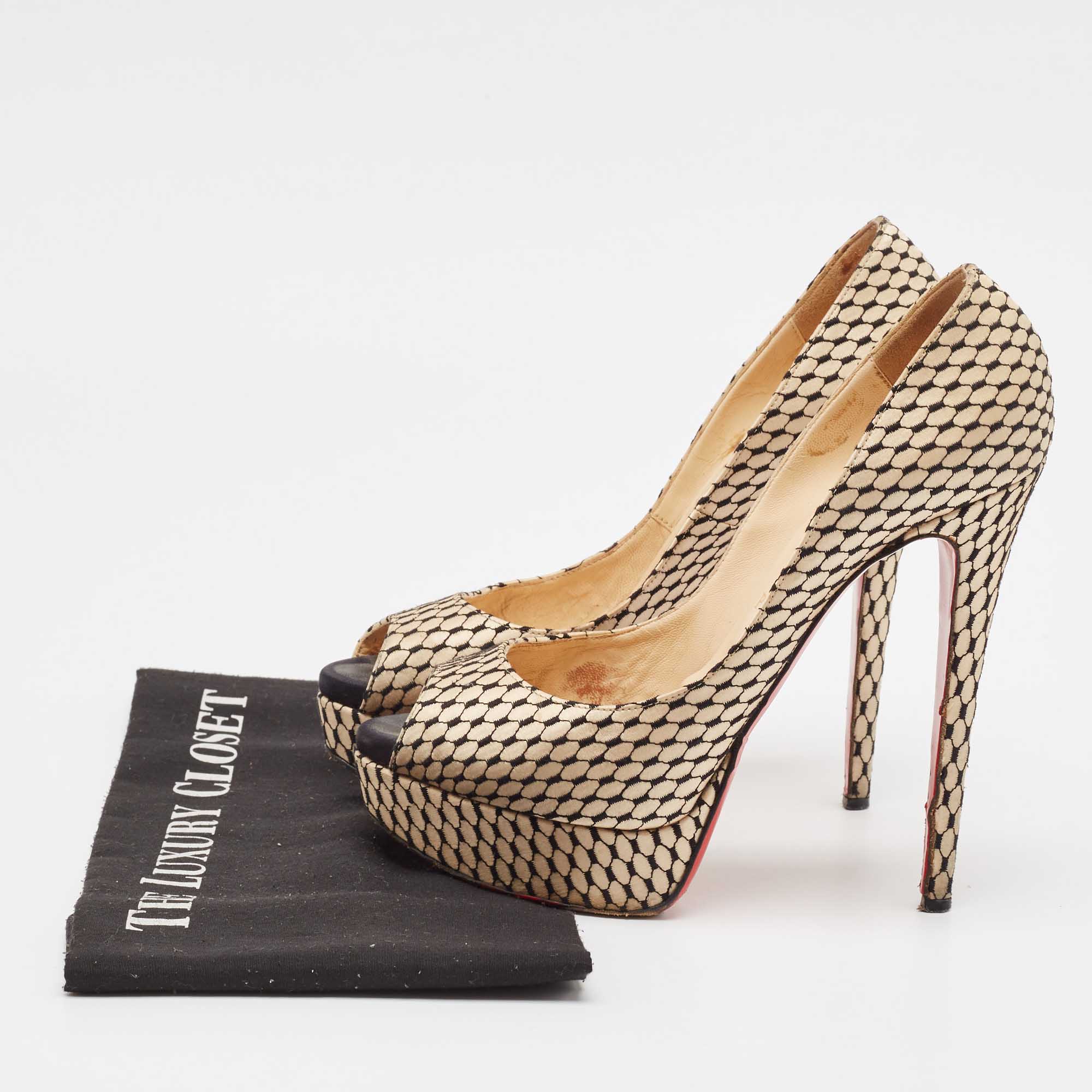 Christian Louboutin Beige/Black Satin Lady Peep Toe Platform Pumps Size 38.5