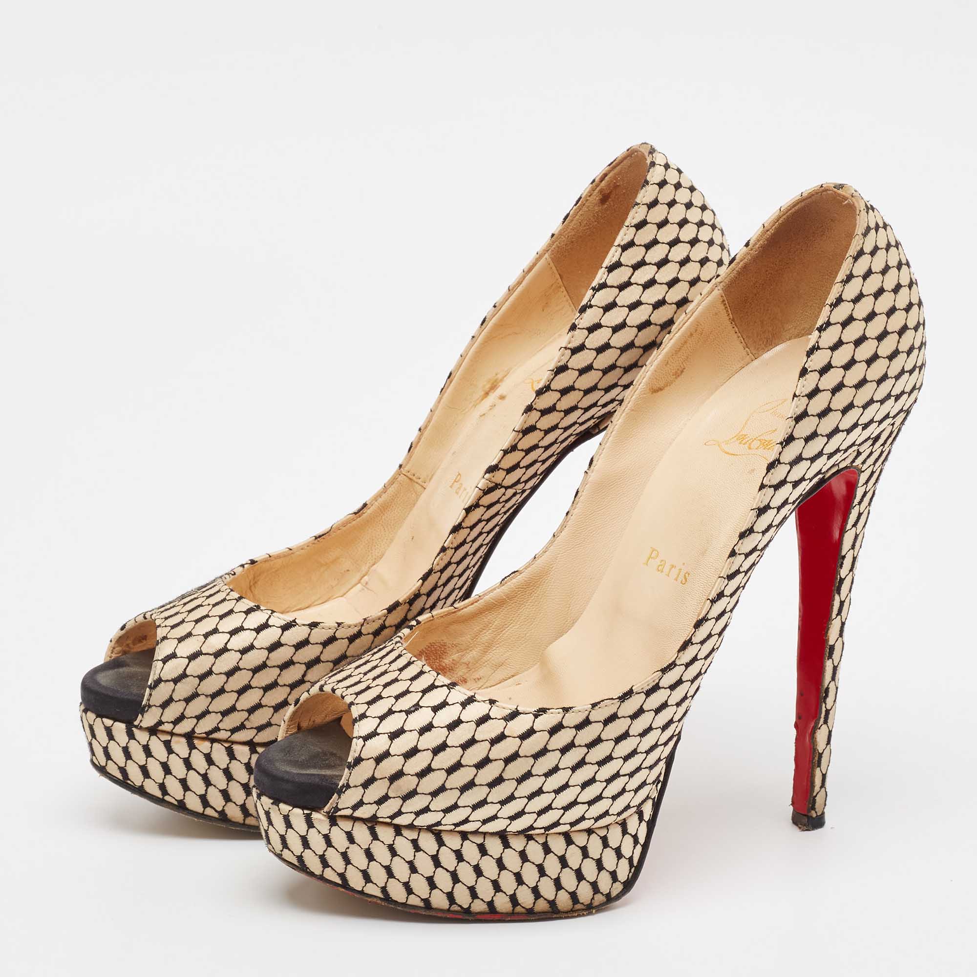 Christian Louboutin Beige/Black Satin Lady Peep Toe Platform Pumps Size 38.5