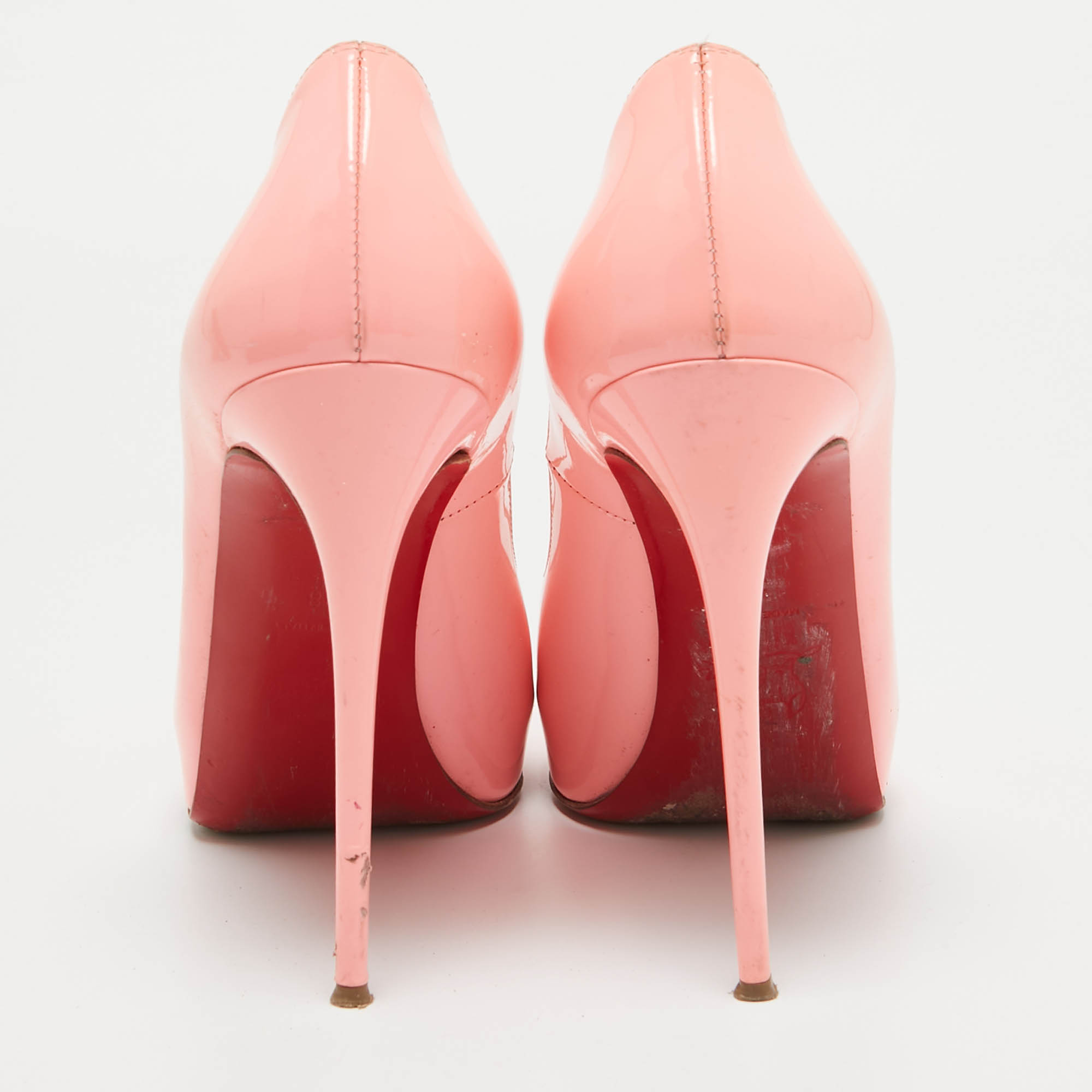 Christian Louboutin Rose Pink Patent Leather Very Prive Peep Toe Platform Pumps Size 38