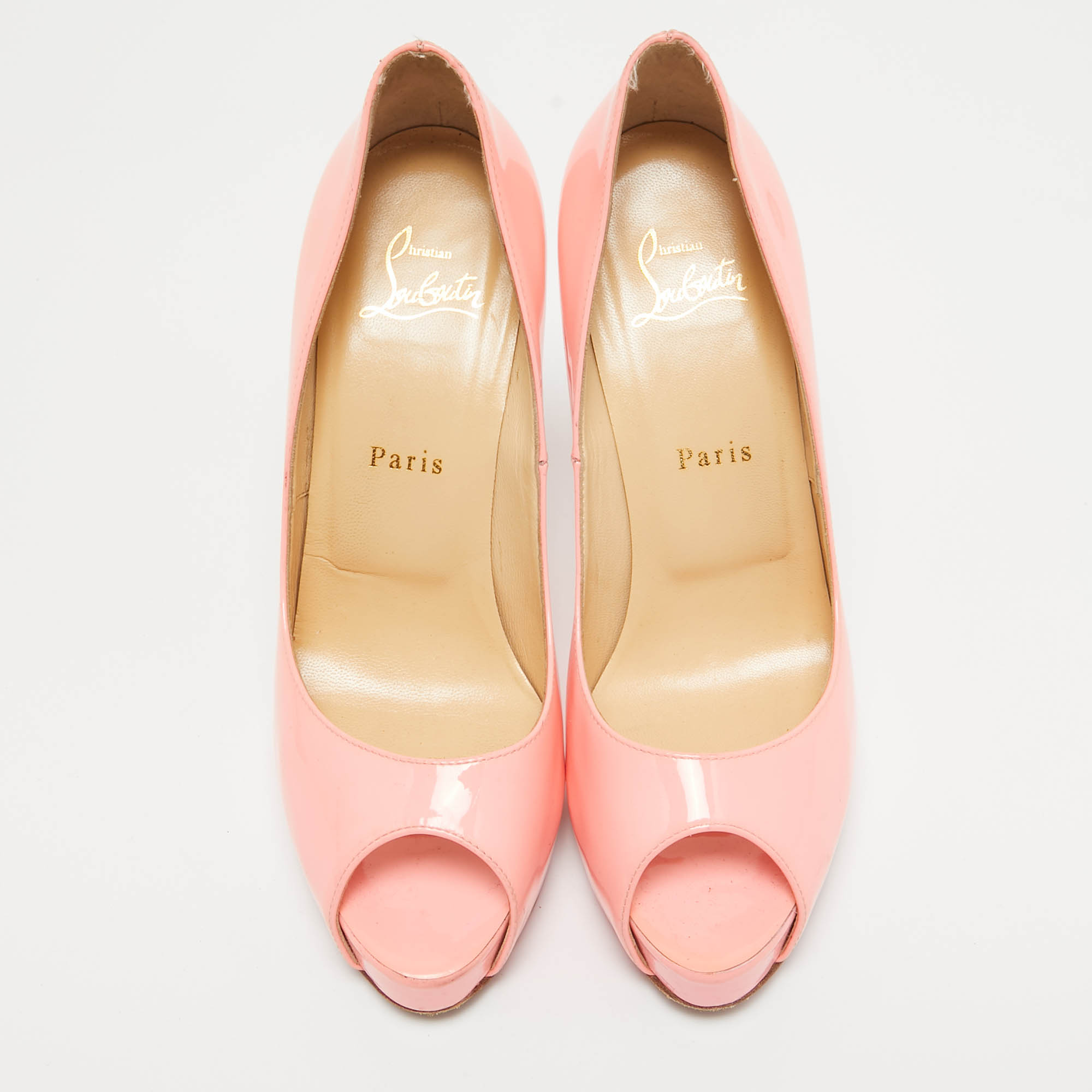 Christian Louboutin Rose Pink Patent Leather Very Prive Peep Toe Platform Pumps Size 38