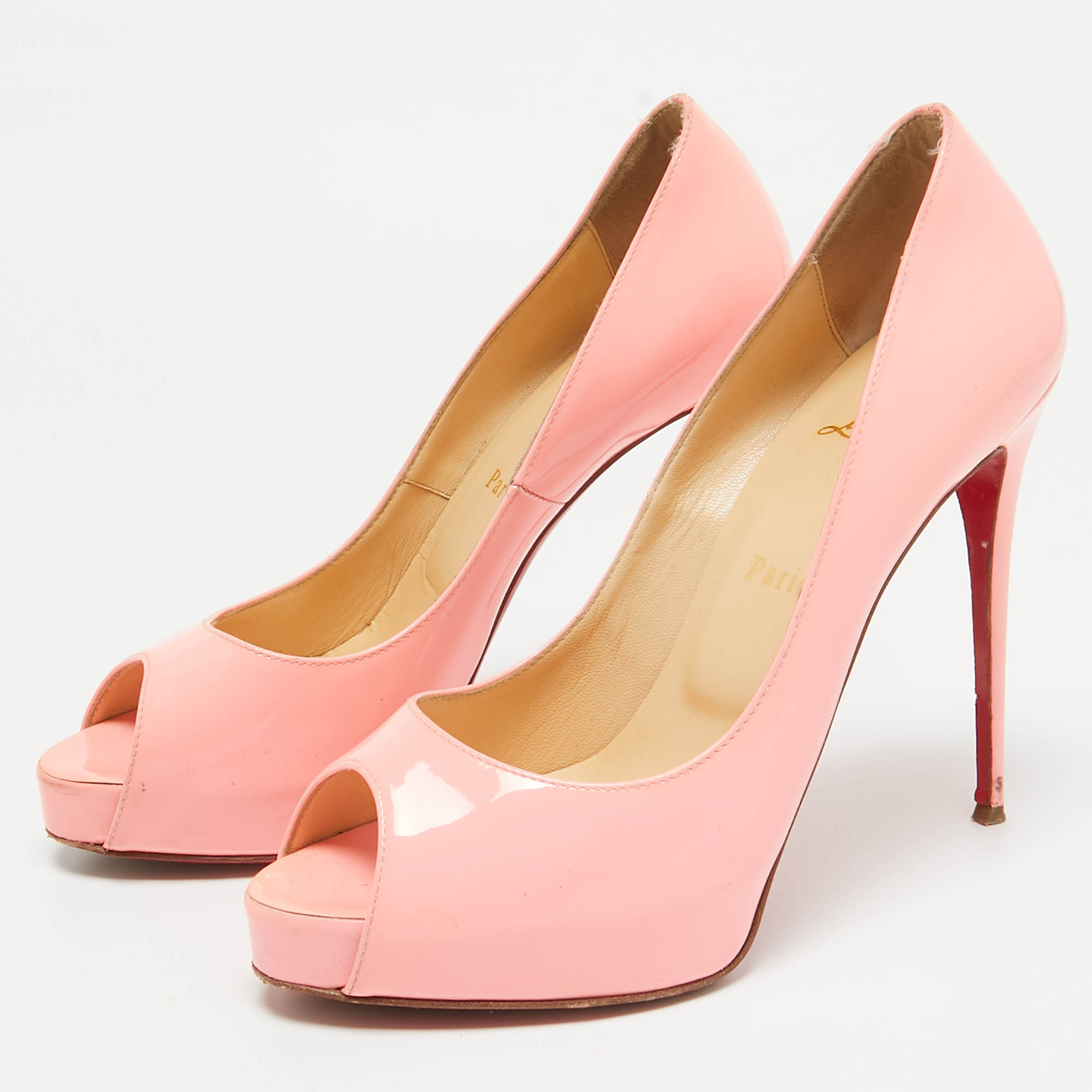 Christian Louboutin Rose Pink Patent Leather Very Prive Peep Toe Platform Pumps Size 38