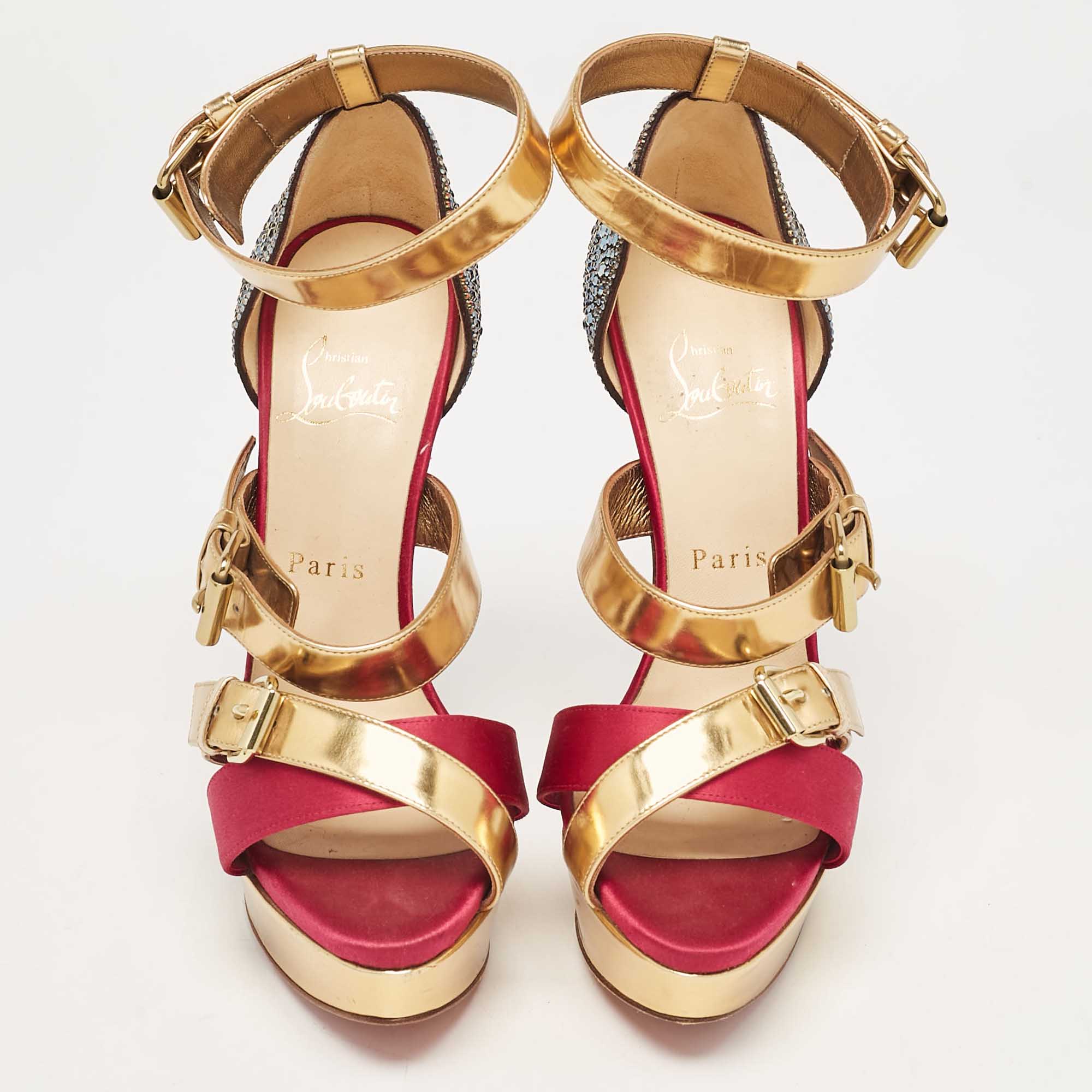 Christian Louboutin Multicolor Leather And Satin Ambertina Ankle Strap Sandals Size 37