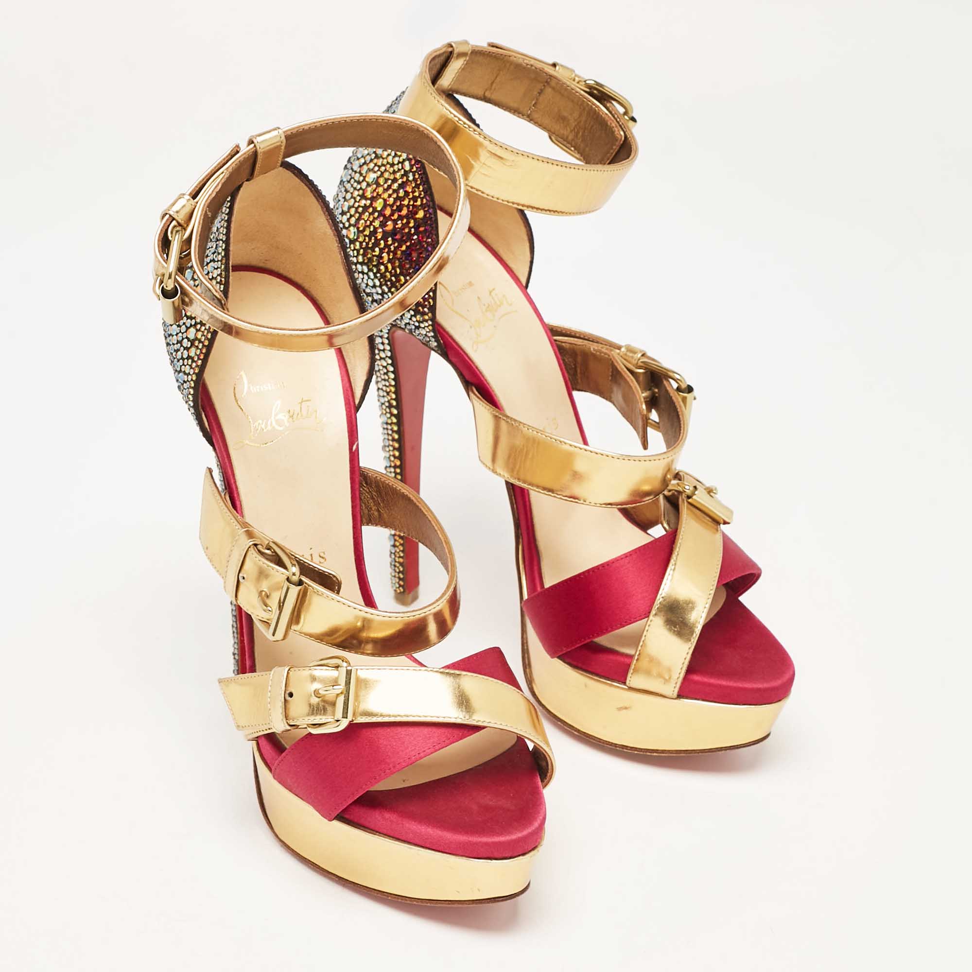 Christian Louboutin Multicolor Leather And Satin Ambertina Ankle Strap Sandals Size 37