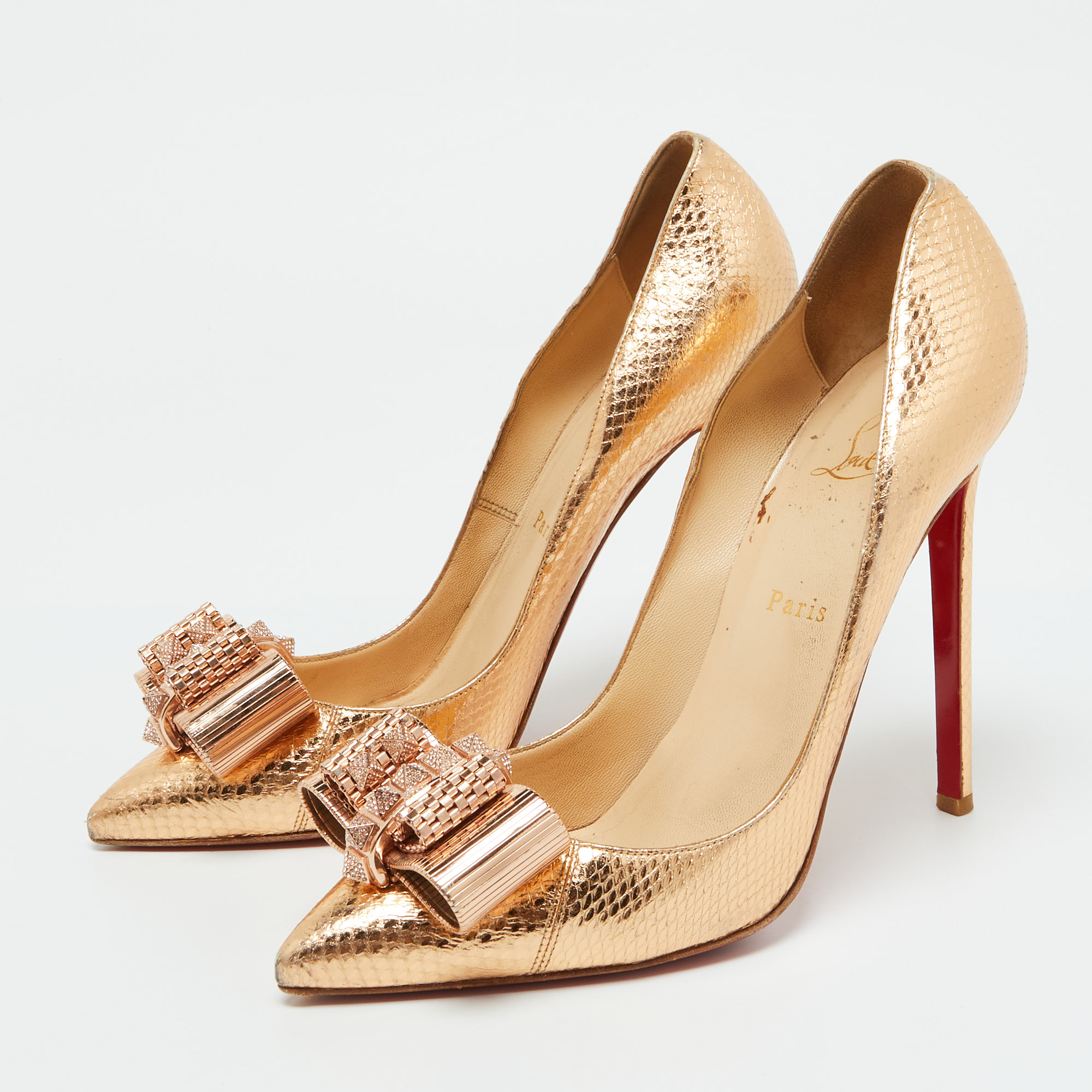 Christian Louboutin Gold Python Embossed Leather Metal Nodo Pigalle Pumps Size 40