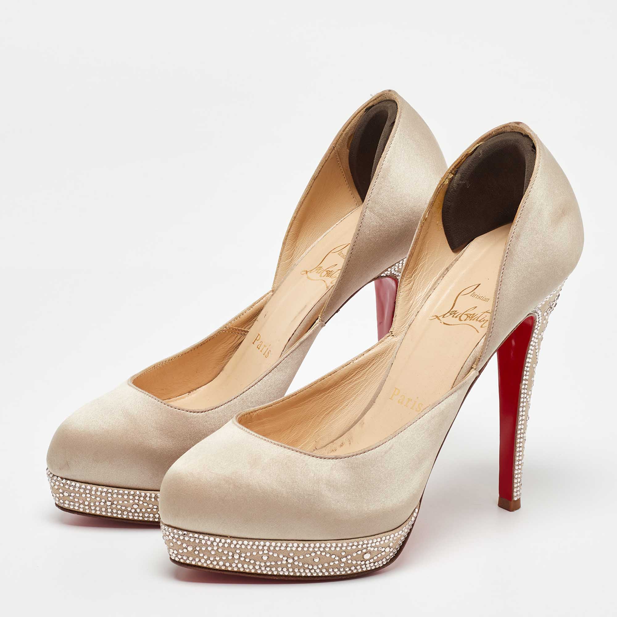 Christian Louboutin Beige Satin Crystal Embellished Platform Pumps Size 37