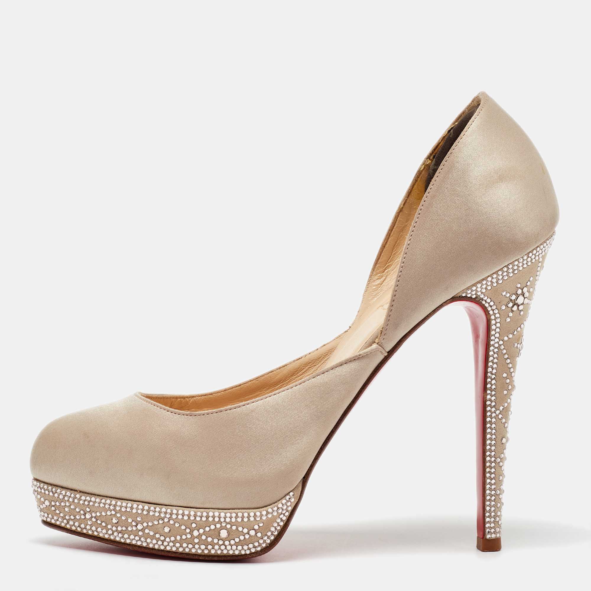 Christian Louboutin Beige Satin Crystal Embellished Platform Pumps Size 37