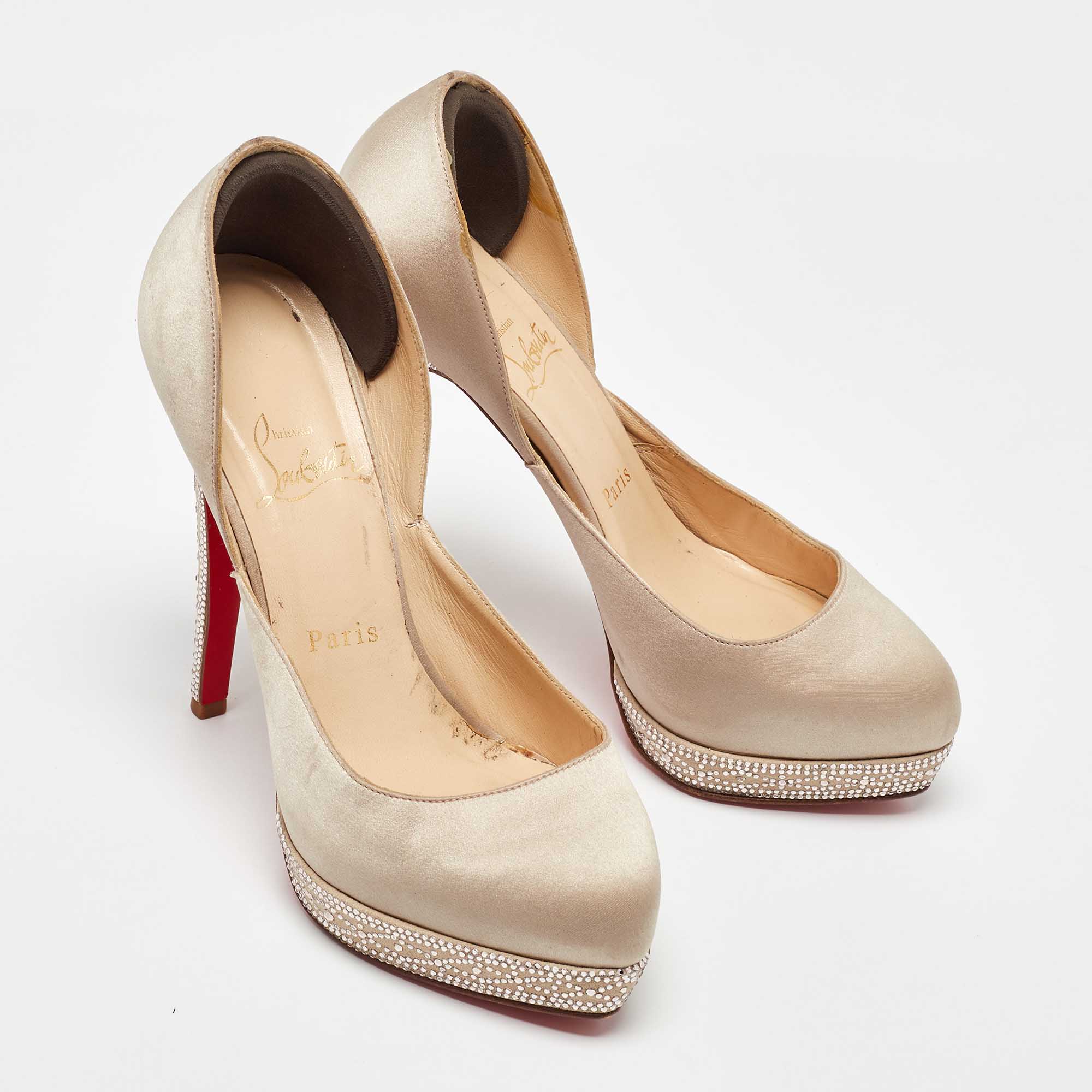 Christian Louboutin Beige Satin Crystal Embellished Platform Pumps Size 37