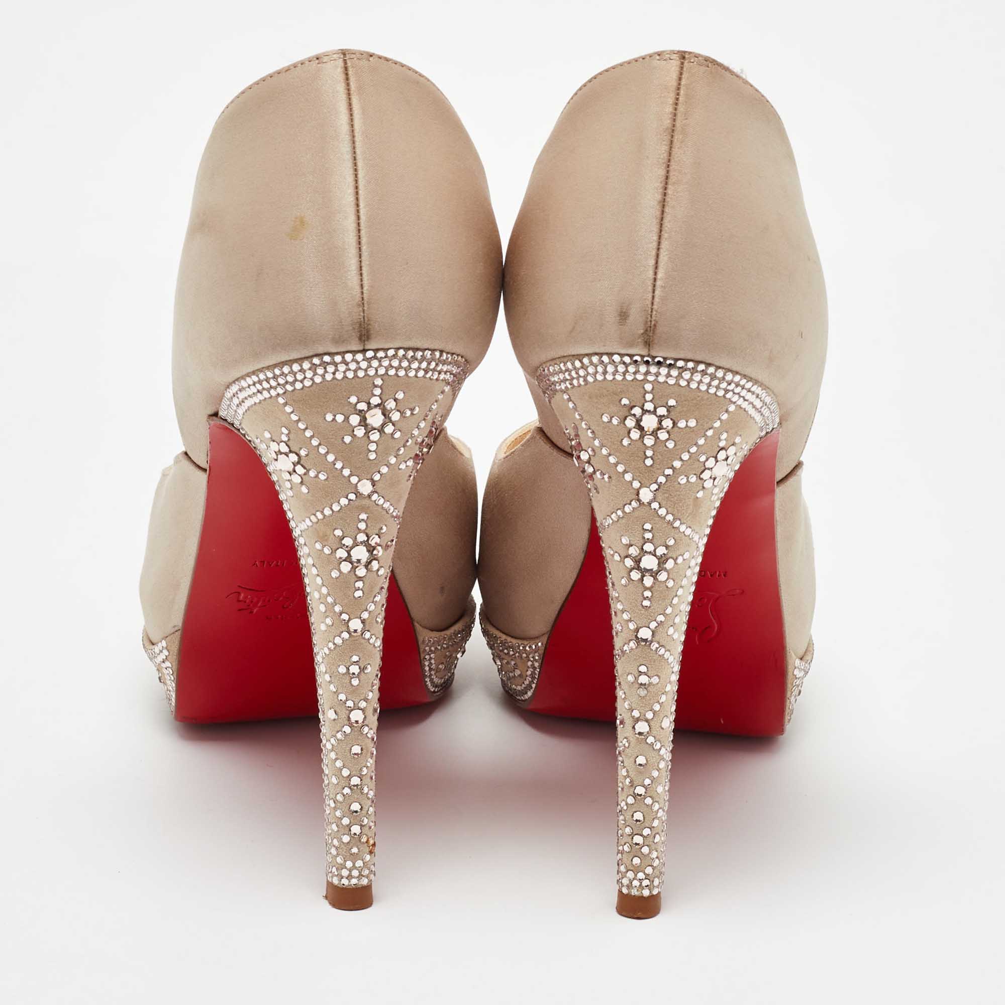 Christian Louboutin Beige Satin Crystal Embellished Platform Pumps Size 37