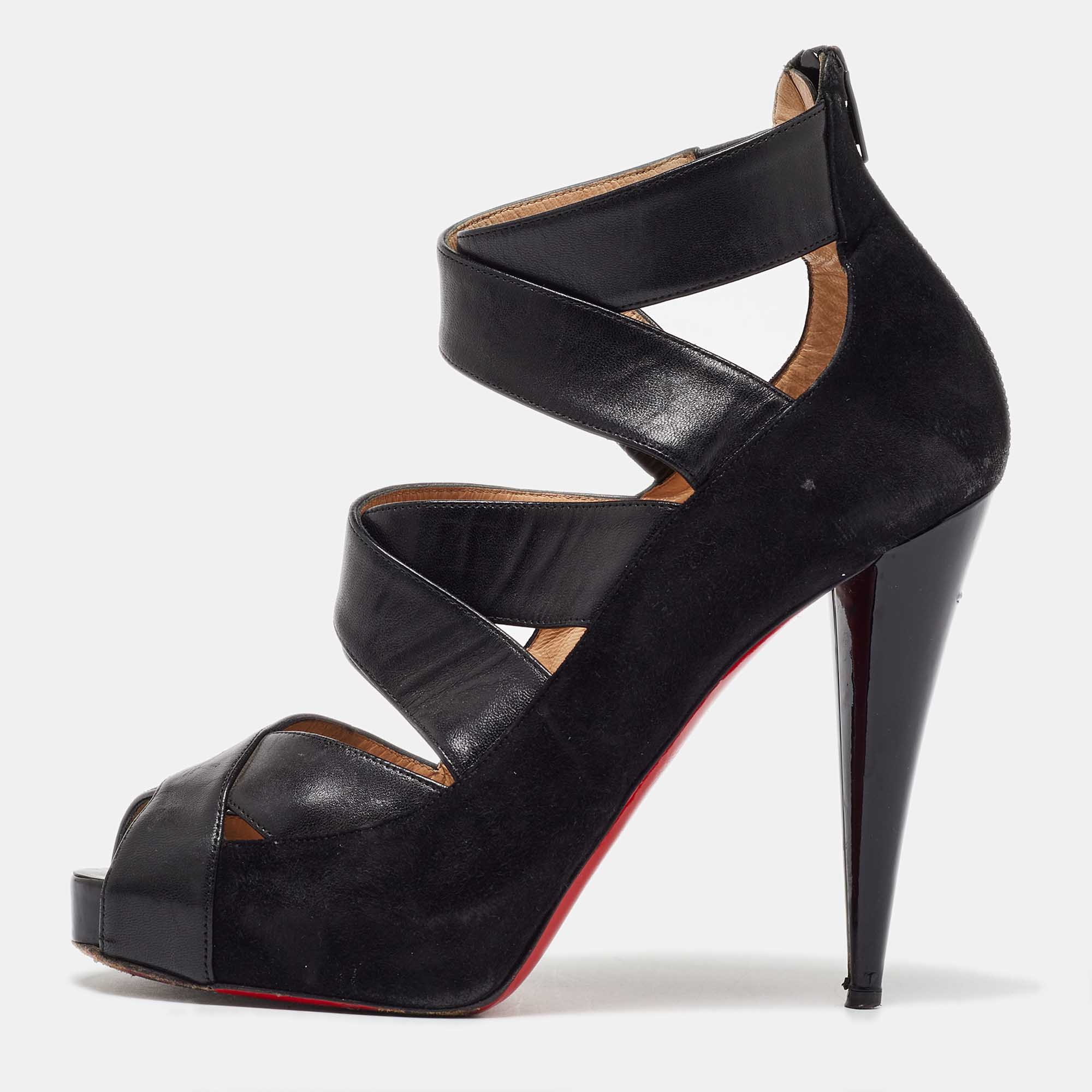 Christian Louboutin Black Leather and Suede Criss Cross Platform Pumps Size 39
