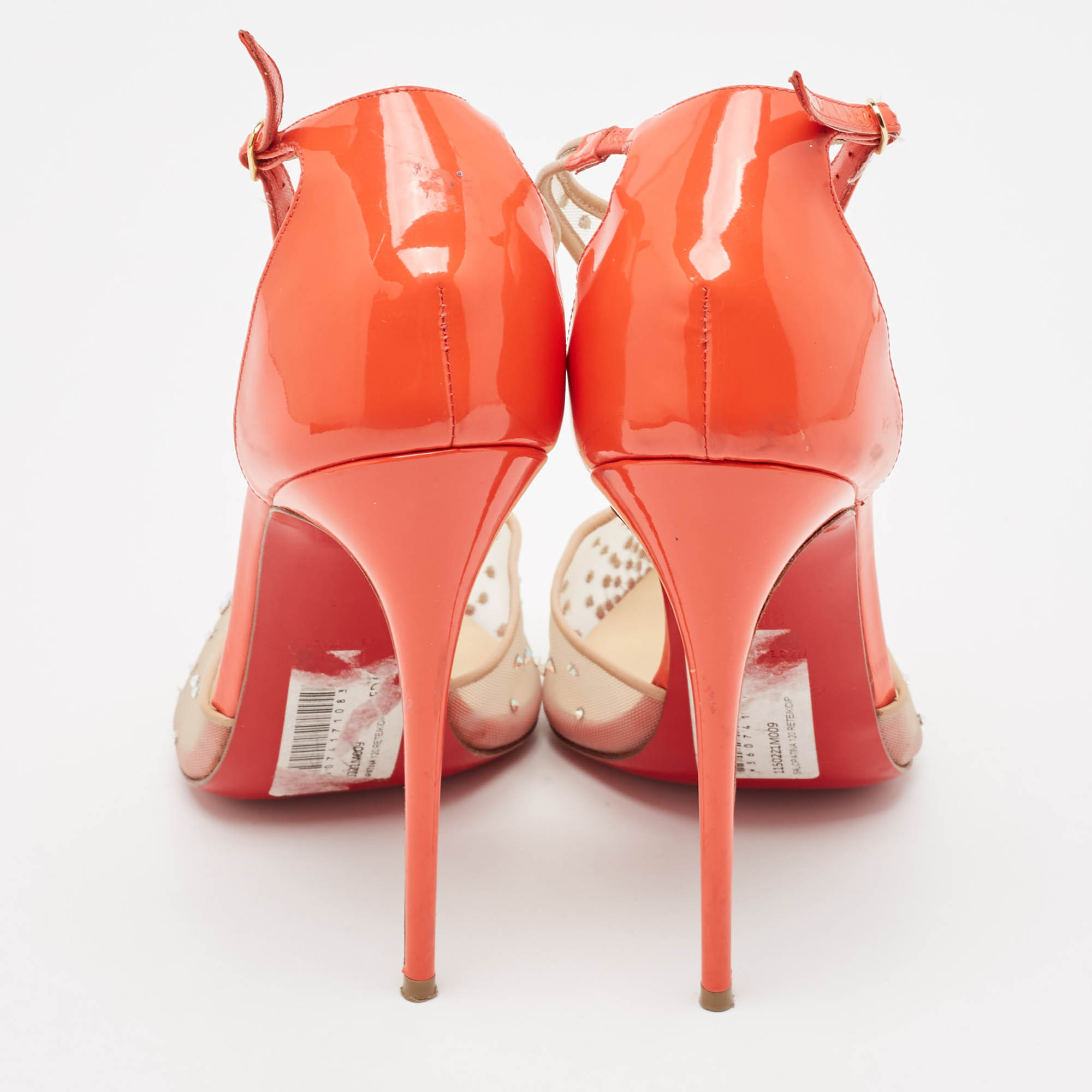 Christian Louboutin Beige/Orange Embellished Mesh And Patent Leather Salopatina Pumps Size 39.5