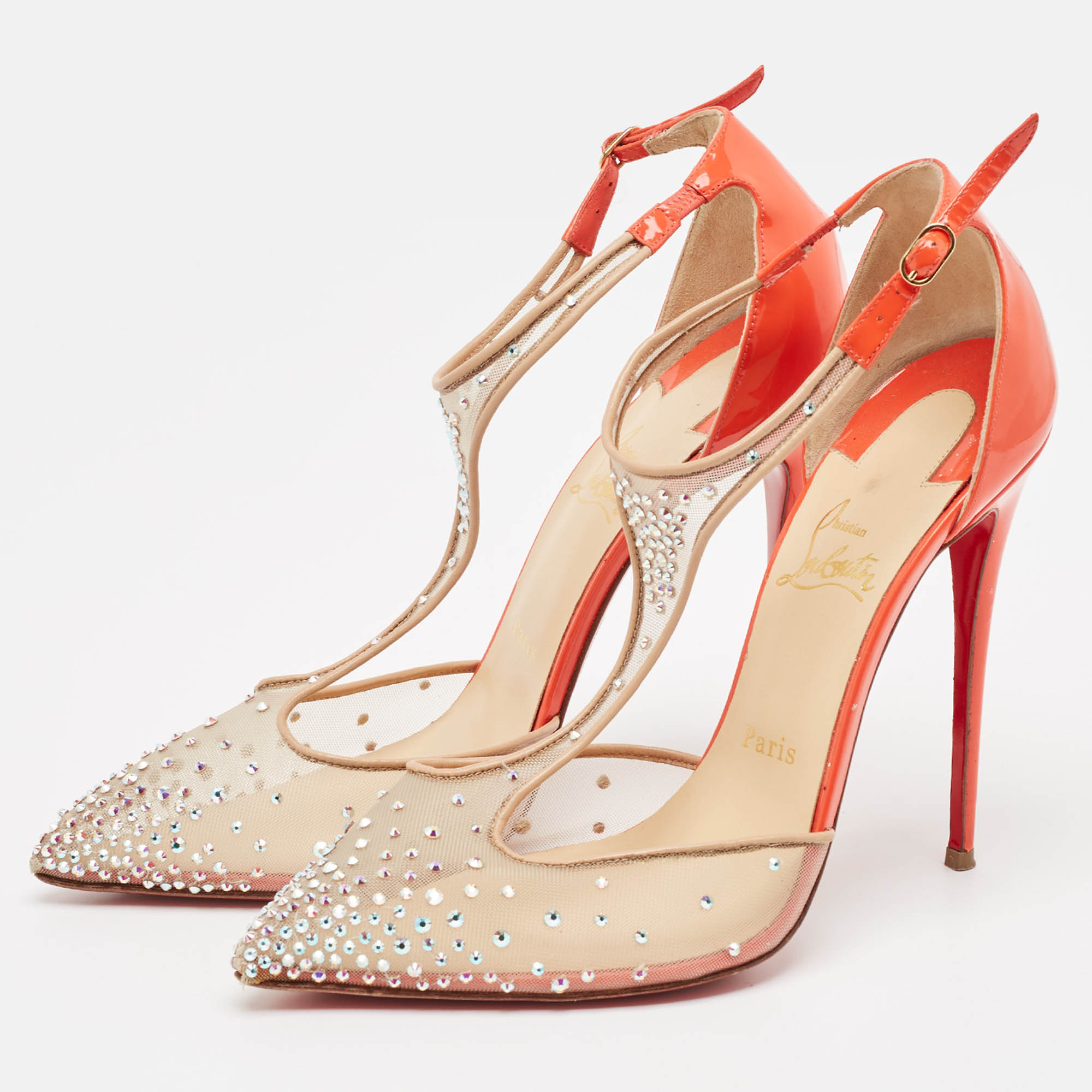 Christian Louboutin Beige/Orange Embellished Mesh And Patent Leather Salopatina Pumps Size 39.5