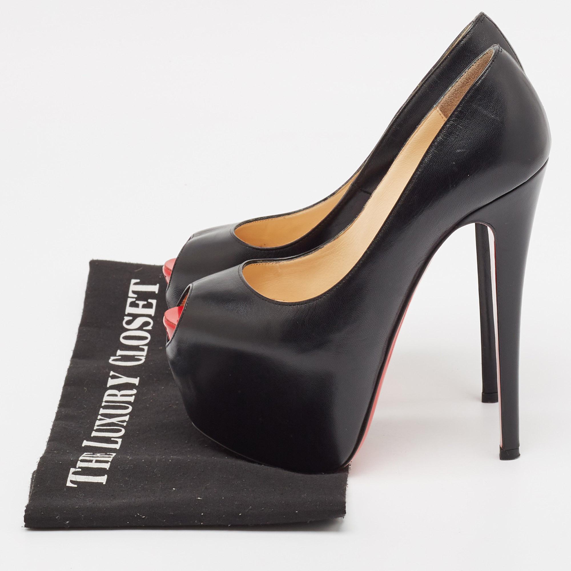 Christian Louboutin Black Leather Highness Peep Toe Pumps Size 35.5