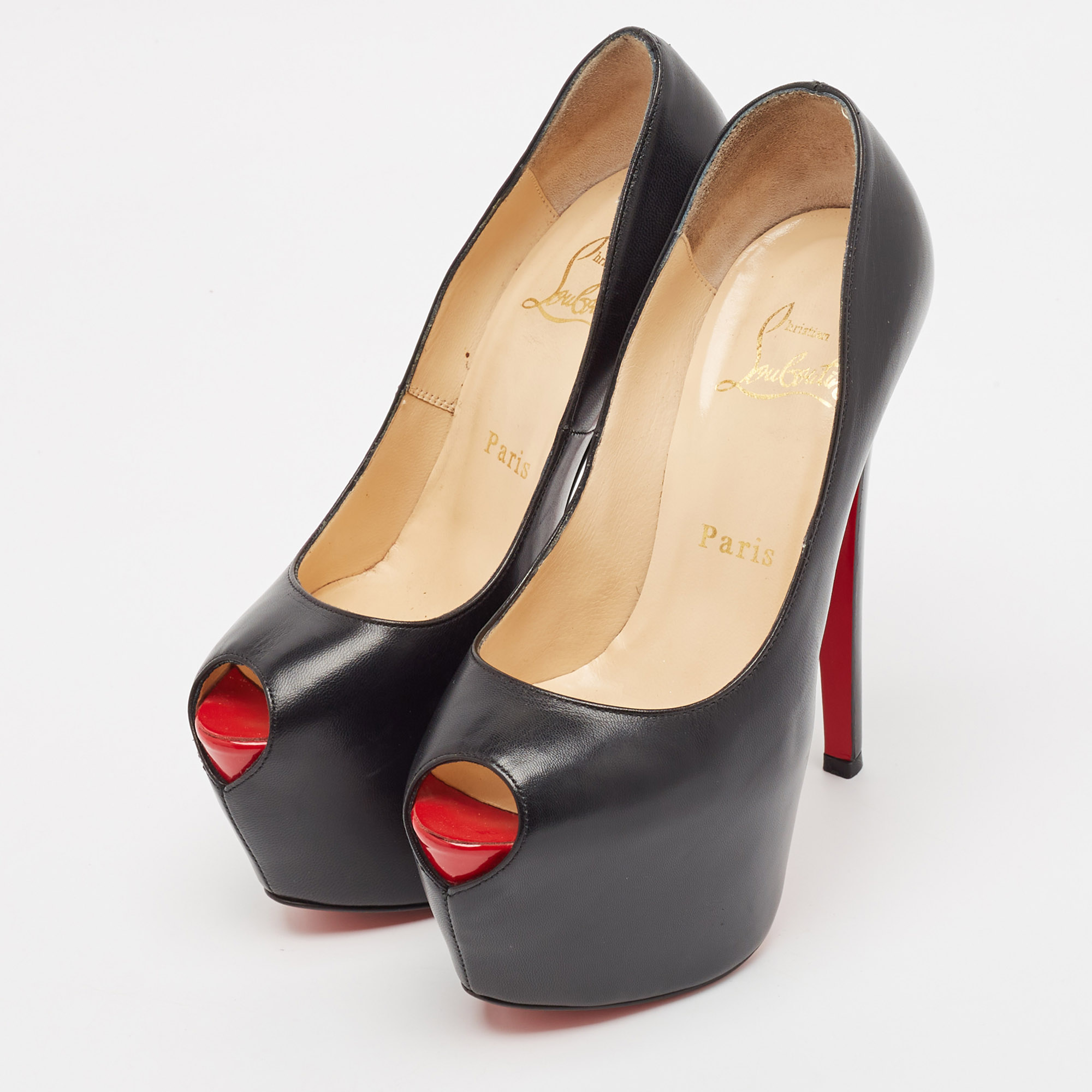 Christian Louboutin Black Leather Highness Peep Toe Pumps Size 35.5