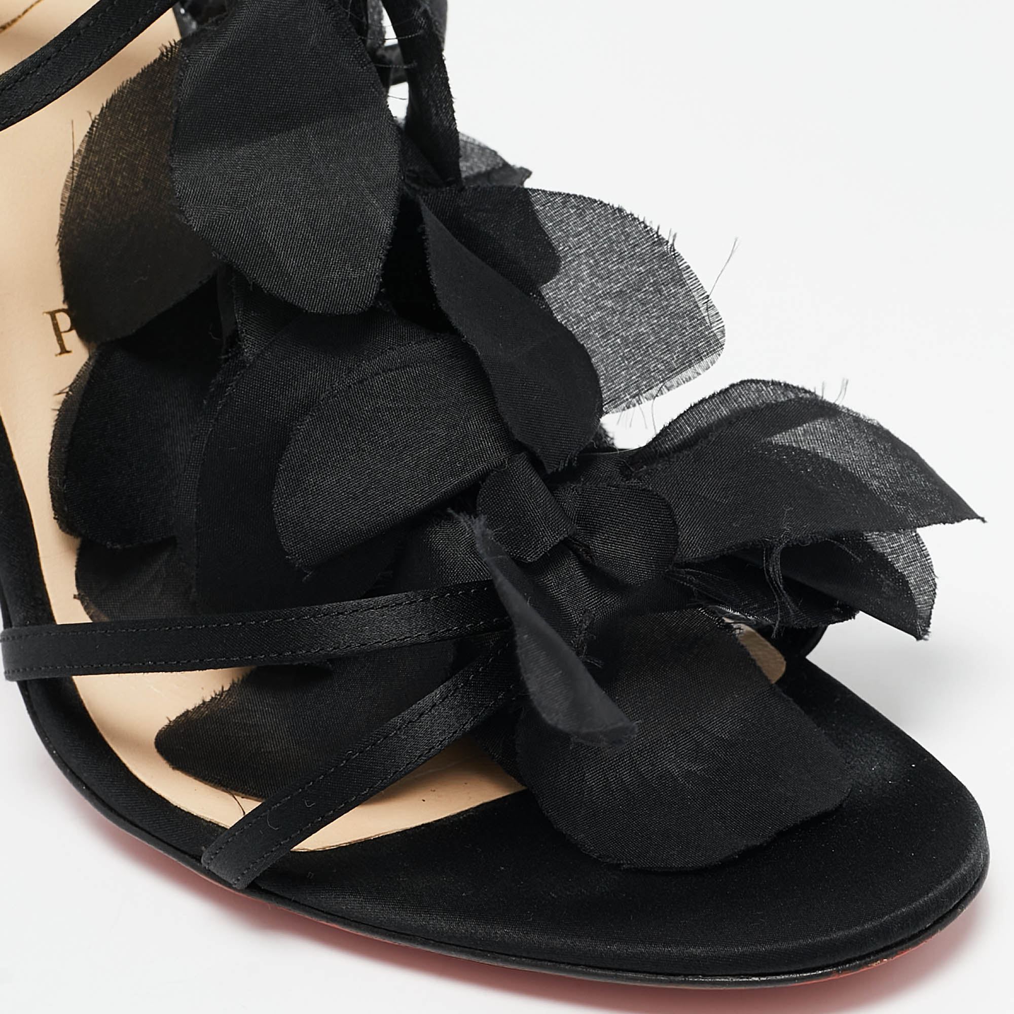 Christian Louboutin Black Satin Mount Street Ankle Strap Sandals Size 37.5