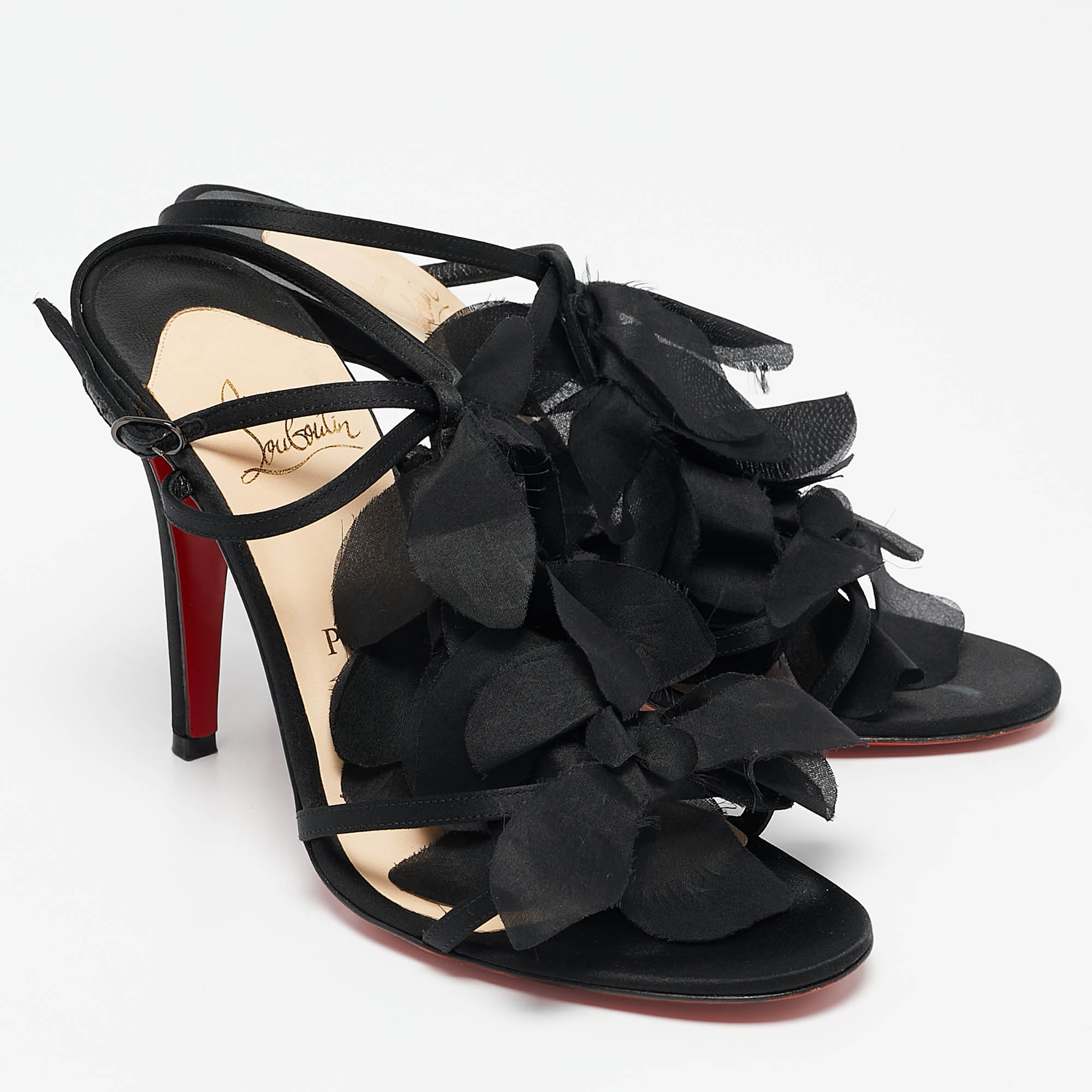 Christian Louboutin Black Satin Mount Street Ankle Strap Sandals Size 37.5