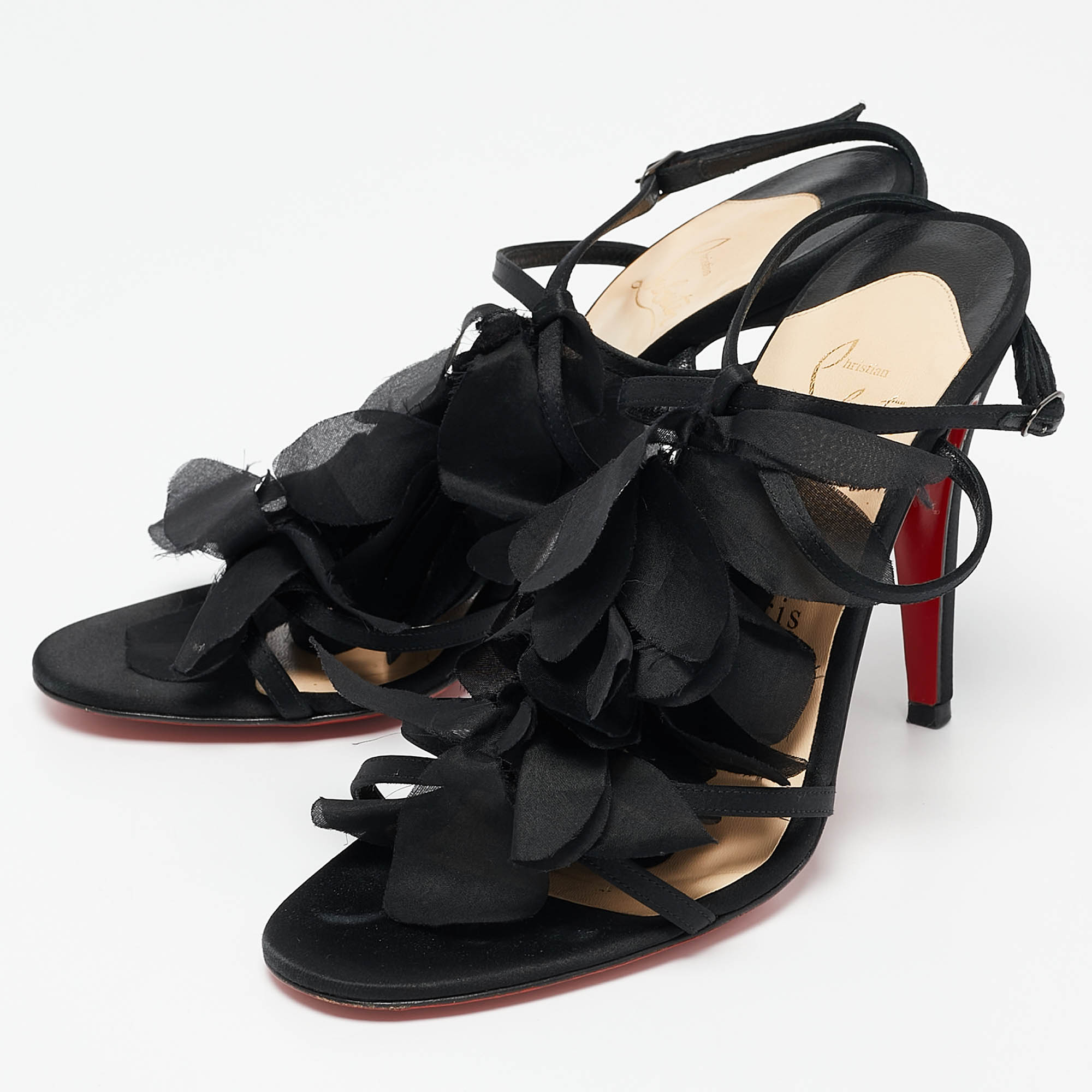 Christian Louboutin Black Satin Mount Street Ankle Strap Sandals Size 37.5