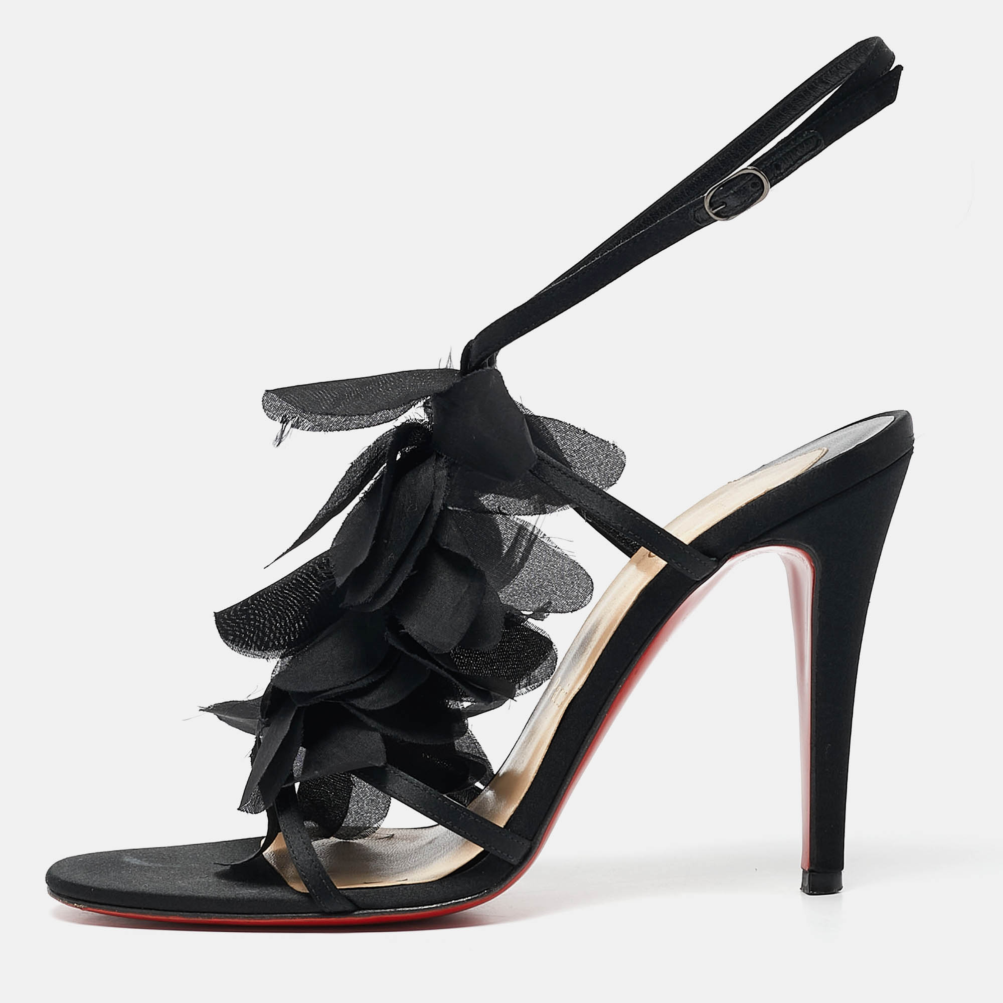 Christian Louboutin Black Satin Mount Street Ankle Strap Sandals Size 37.5