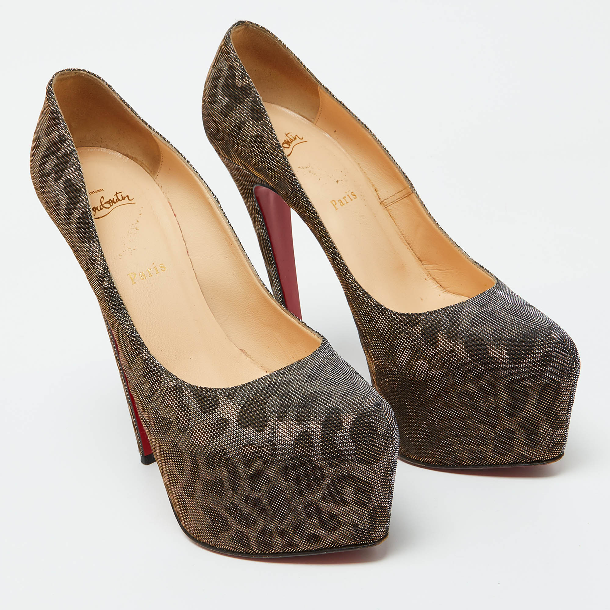 Christian Louboutin Metallic Lurex Fabric Leopard Print Daffodile Platform Pumps Size 40