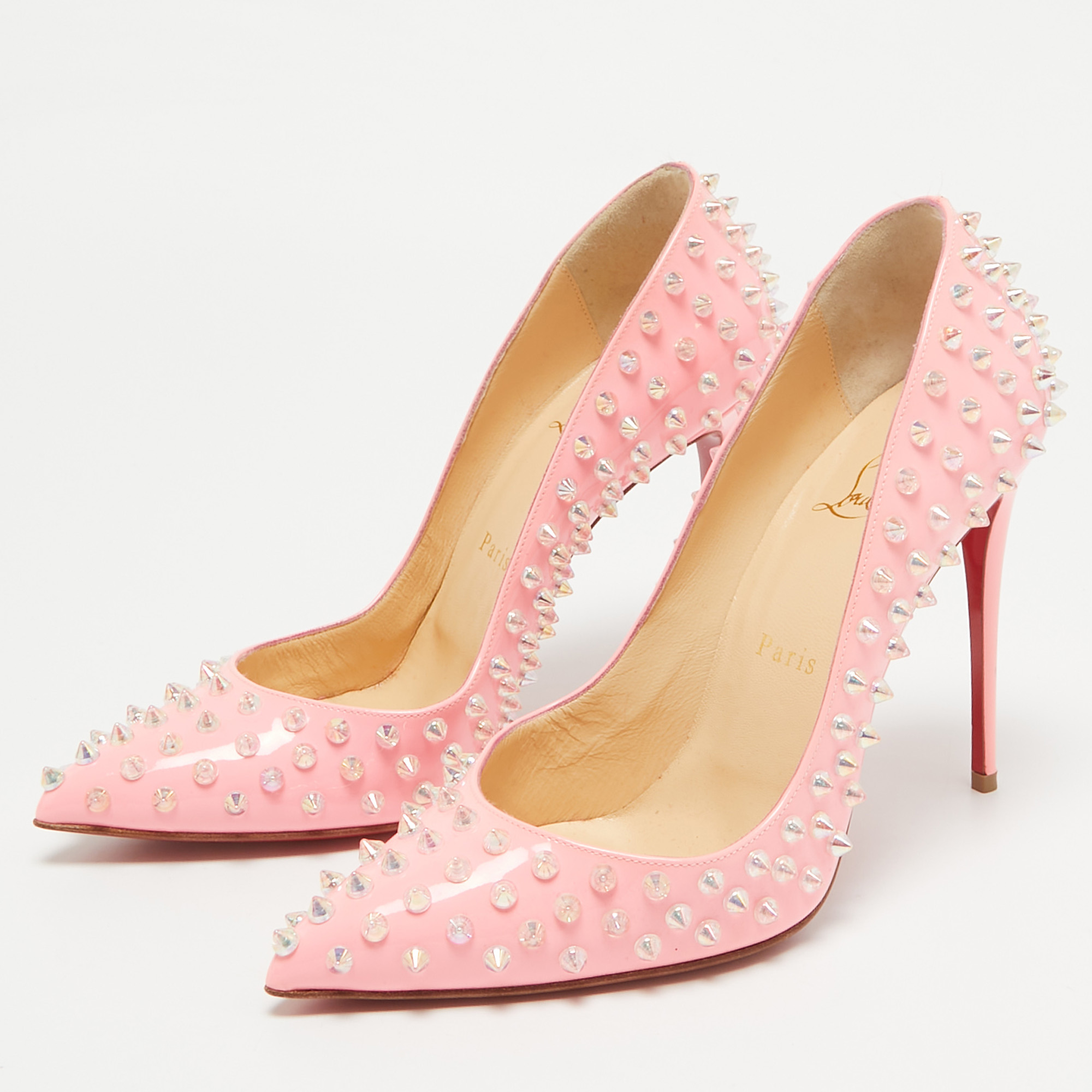 Christian Louboutin Pink Patent Leather Pigalle Follies Spikes Pumps Size 39