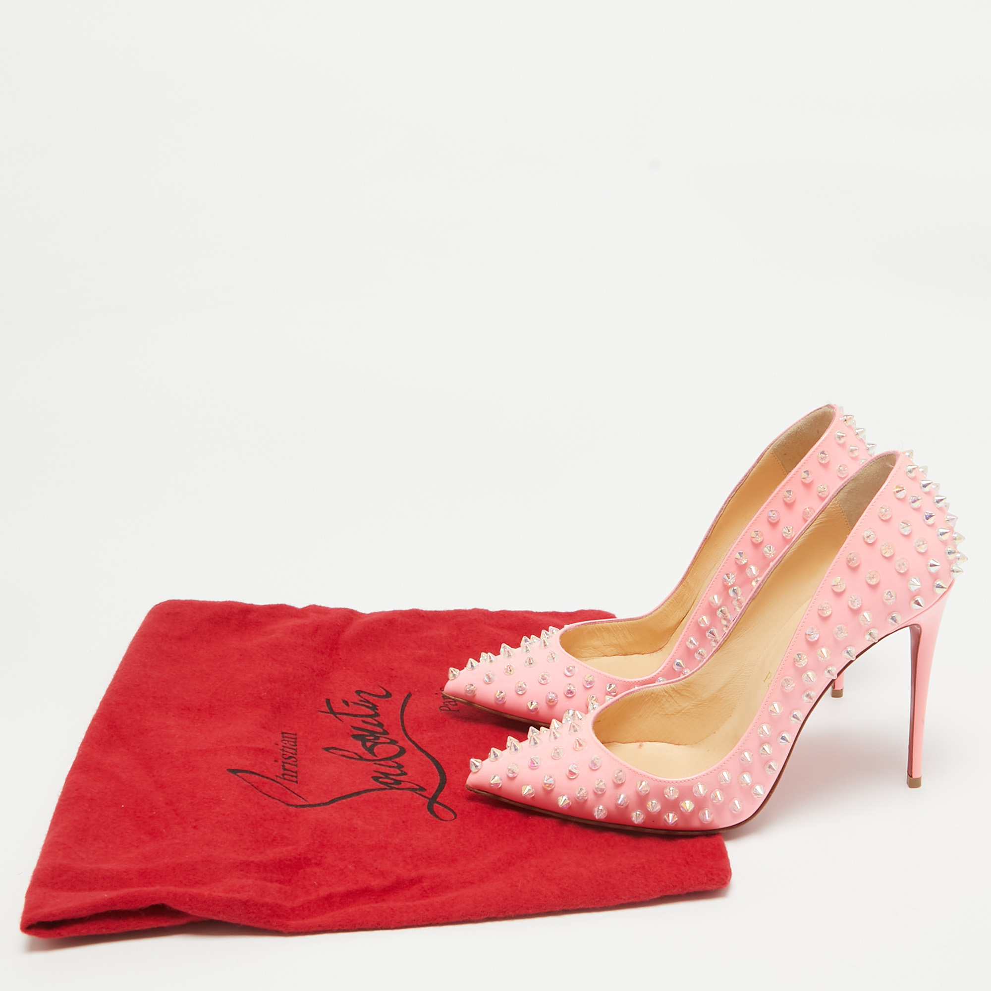 Christian Louboutin Pink Patent Leather Pigalle Follies Spikes Pumps Size 39