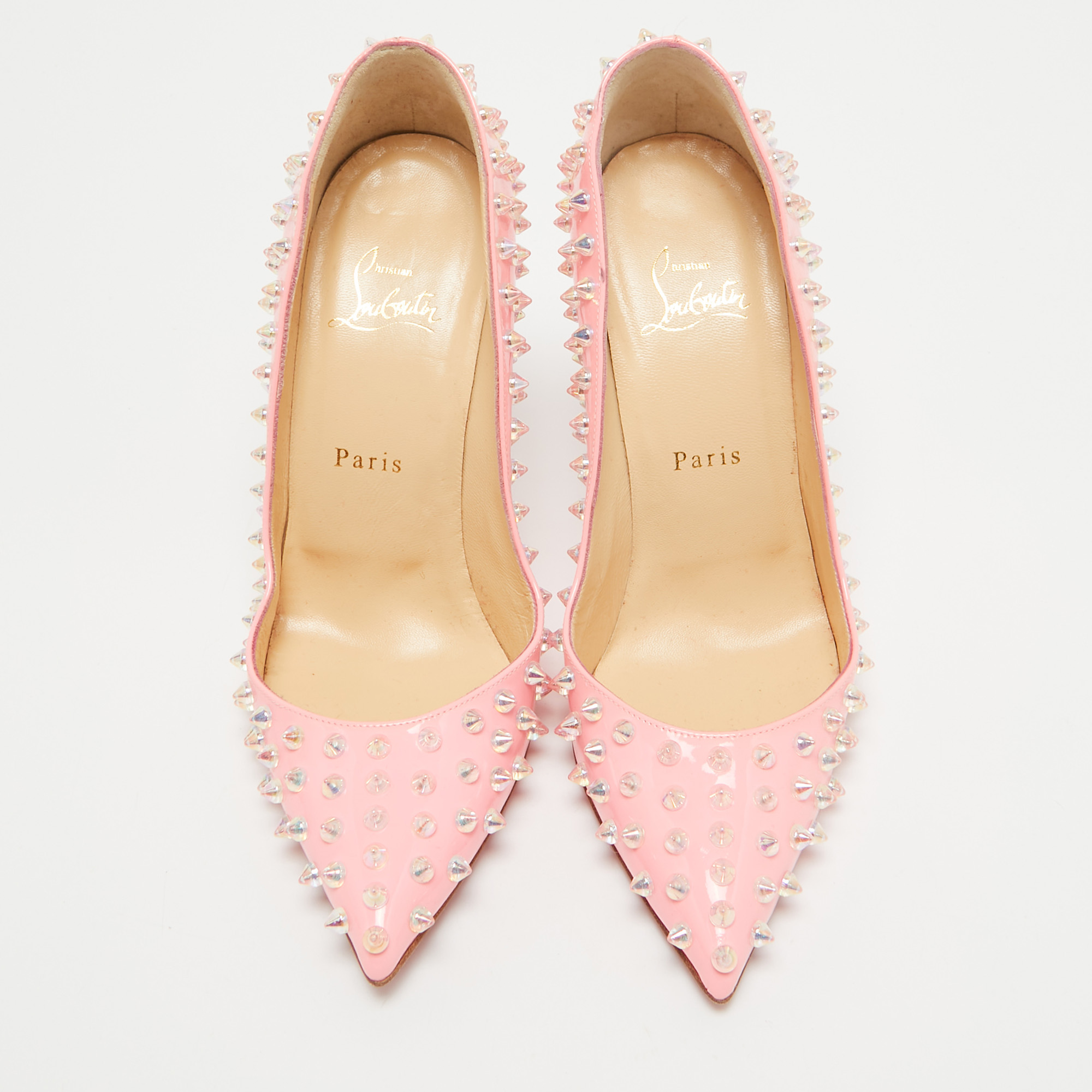 Christian Louboutin Pink Patent Leather Pigalle Follies Spikes Pumps Size 39