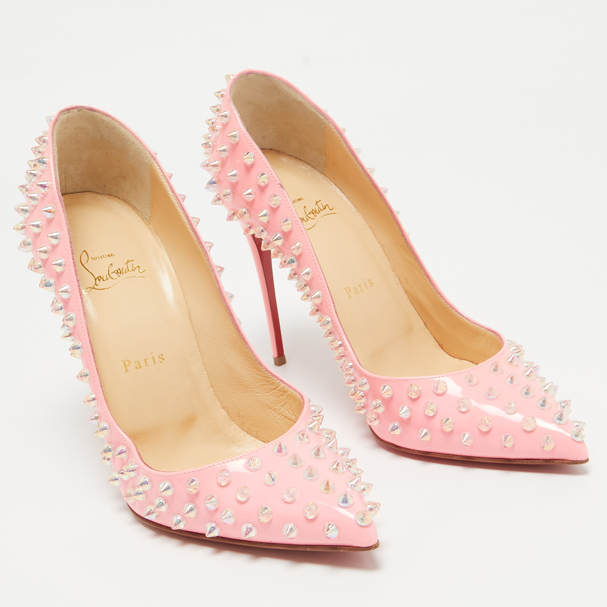 Christian Louboutin Pink Patent Leather Pigalle Follies Spikes Pumps Size 39