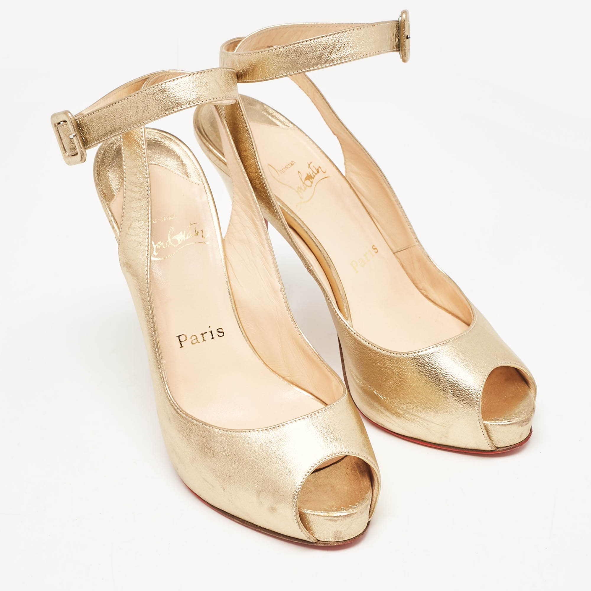 Christian Louboutin Gold Leather Platform Ankle Strap Sandals Size 37