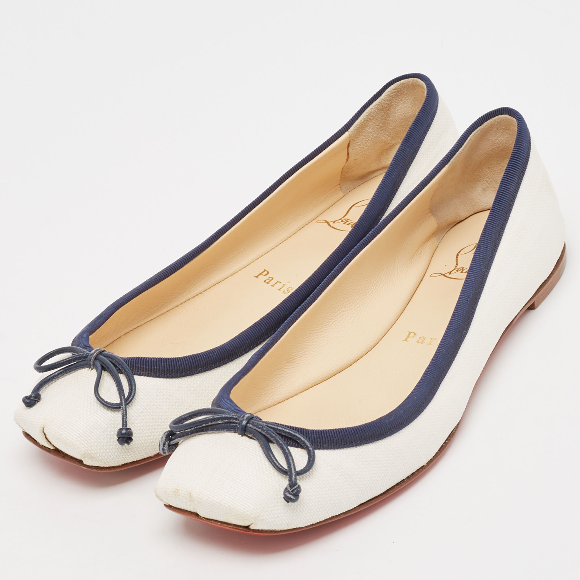 Christian Louboutin White/Blue Coated Raffia Ballet Flats Size 37