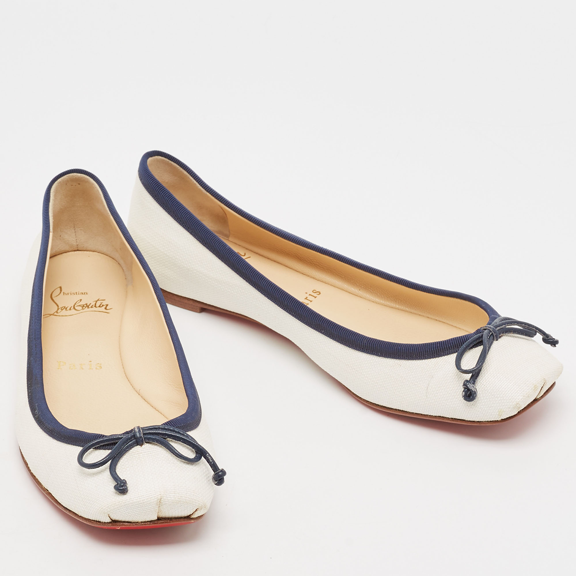 Christian Louboutin White/Blue Coated Raffia Ballet Flats Size 37