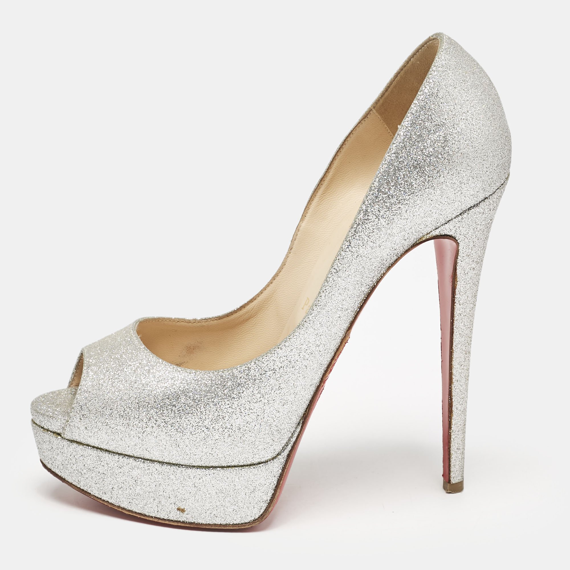 Christian Louboutin Metallic Silver Glitter Lady Peep Toe Platform Pumps Size
Christian Louboutin Metallic Silver Glitter Lady Peep Toe Platform Pumps Size