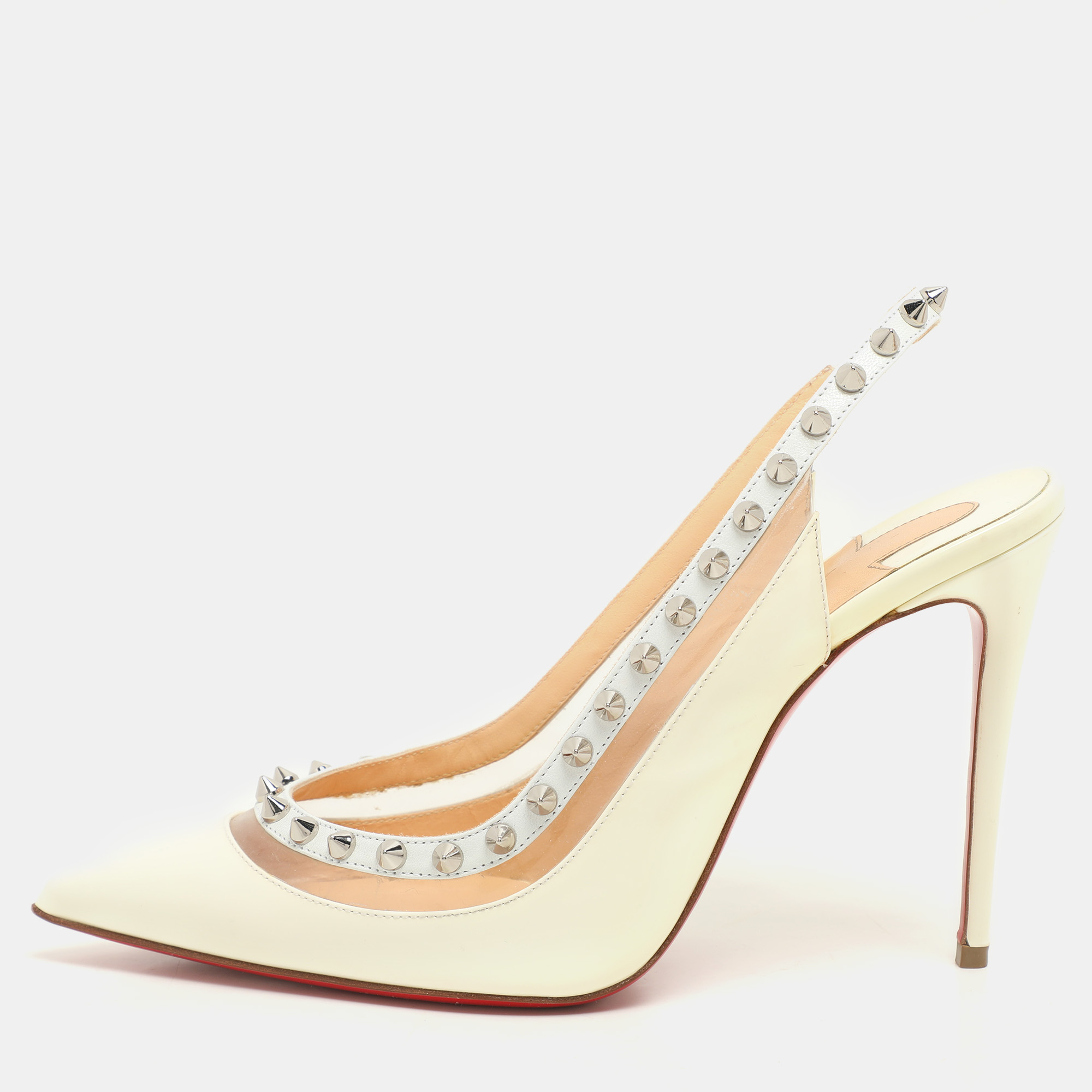 Christian Louboutin Cream Patent Leather and PVC Brigandine Spike Slingback Pumps Size 36.5
Christian Louboutin Cream Patent Leather and PVC Brigandine Spike Slingback Pumps Size 36.5