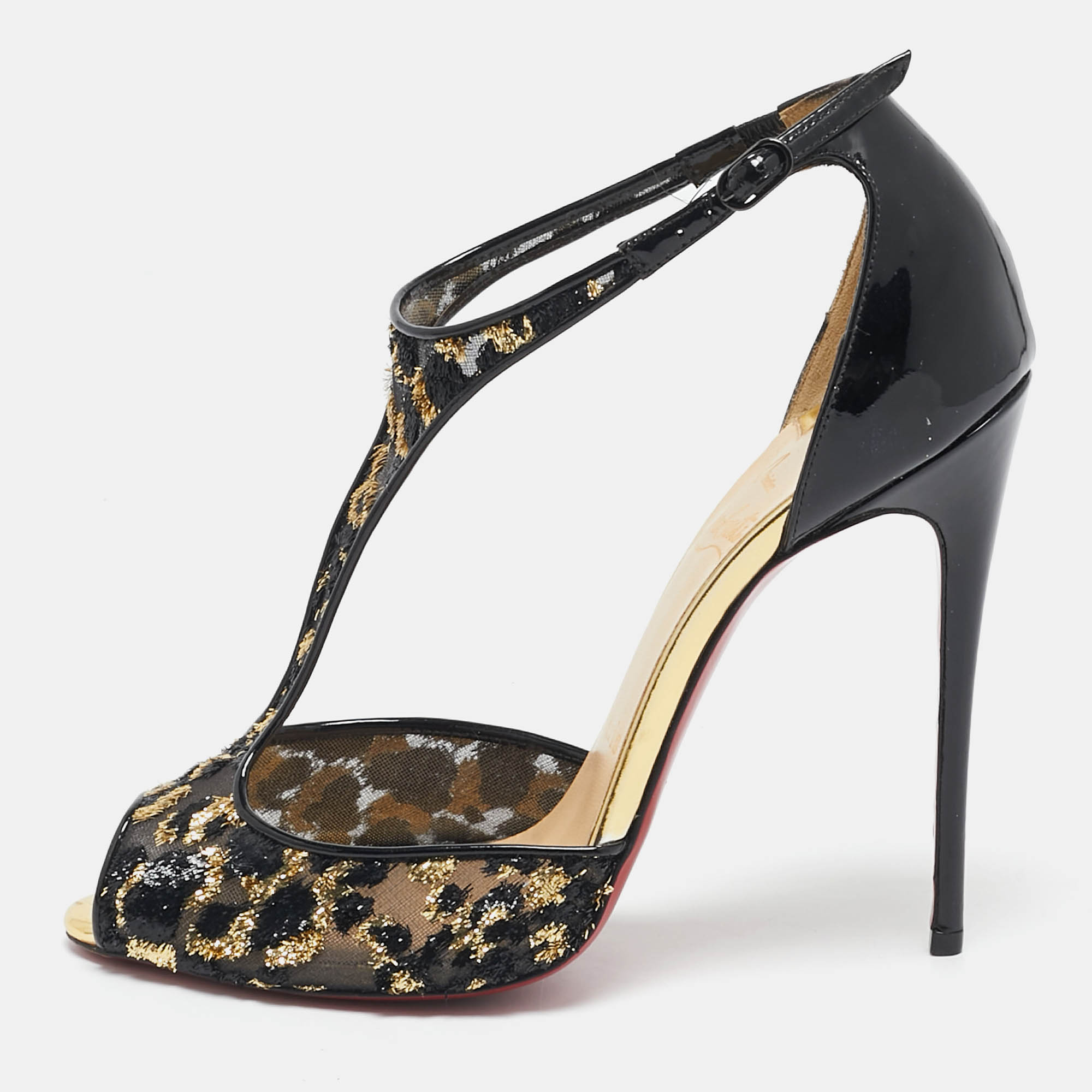 Christian Louboutin Black/Gold Mesh and Patent Leather Tiny T-Strap Sandals Size
Christian Louboutin Black/Gold Mesh and Patent Leather Tiny T-Strap Sandals Size