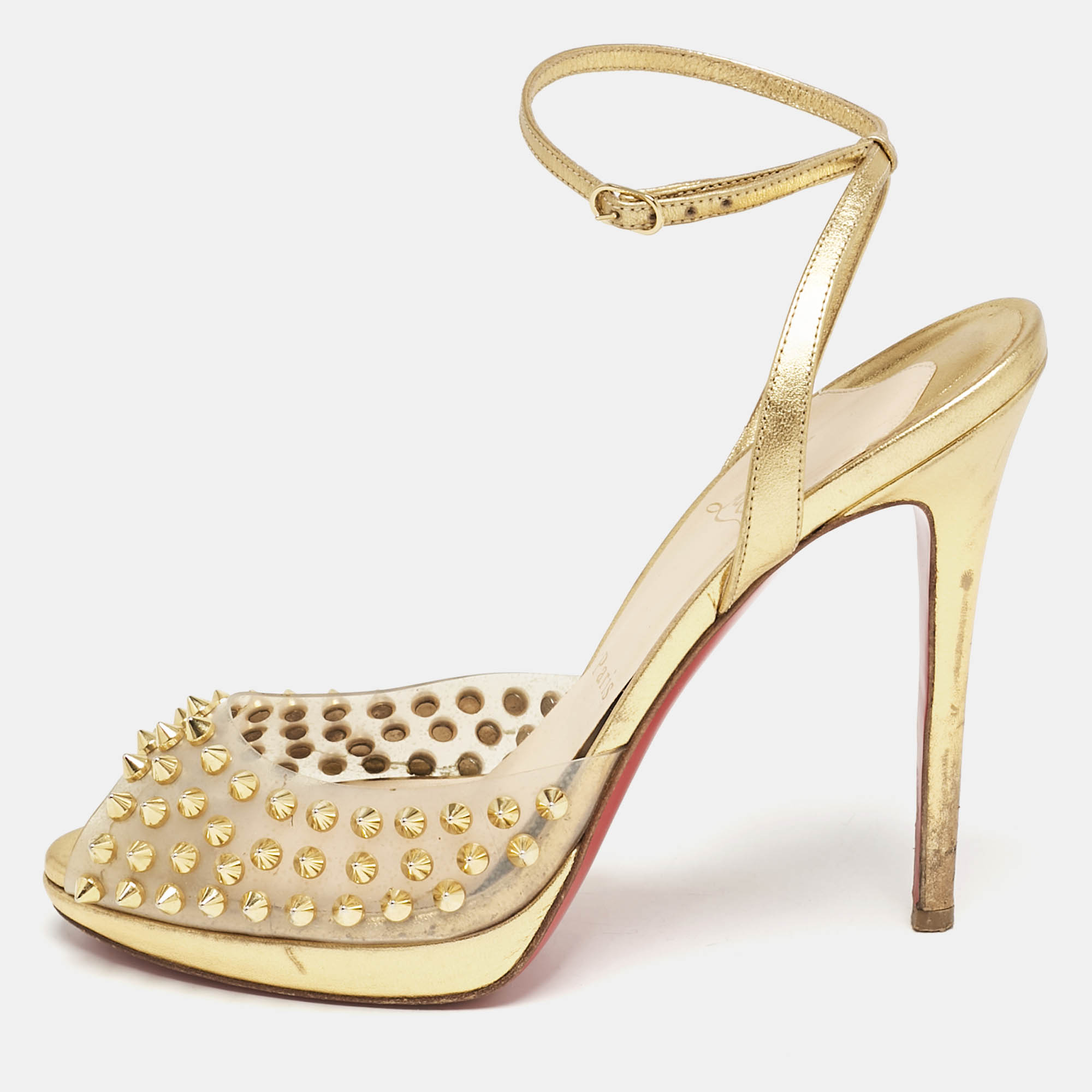 Christian Louboutin Gold Leather and PVC Spiked St Jeannette Ankle Strap Sandals Size
Christian Louboutin Gold Leather and PVC Spiked St Jeannette Ankle Strap Sandals Size
