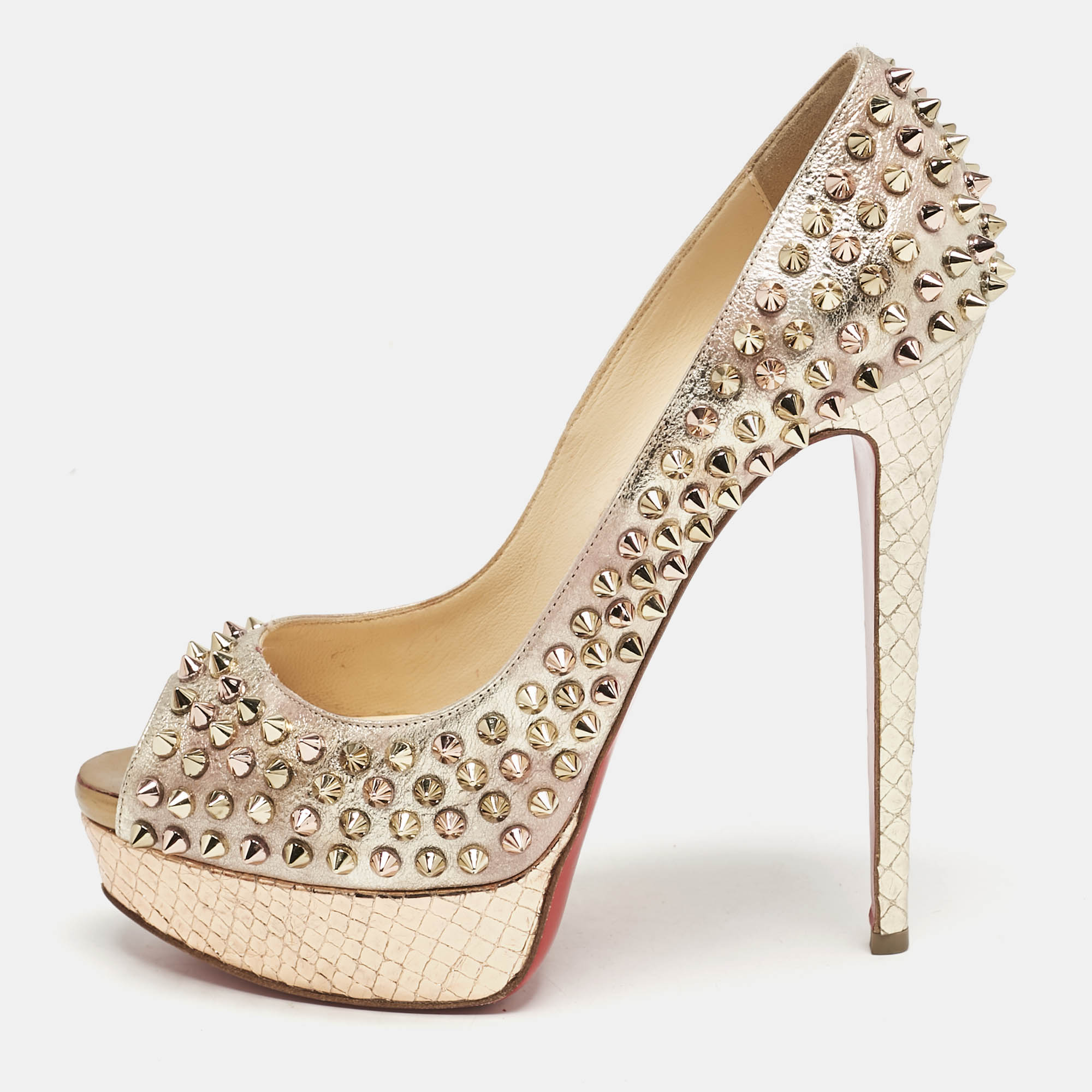 Christian Louboutin Metallic Multicolor Leather Lady Peep Spikes Pumps Size
Christian Louboutin Metallic Multicolor Leather Lady Peep Spikes Pumps Size