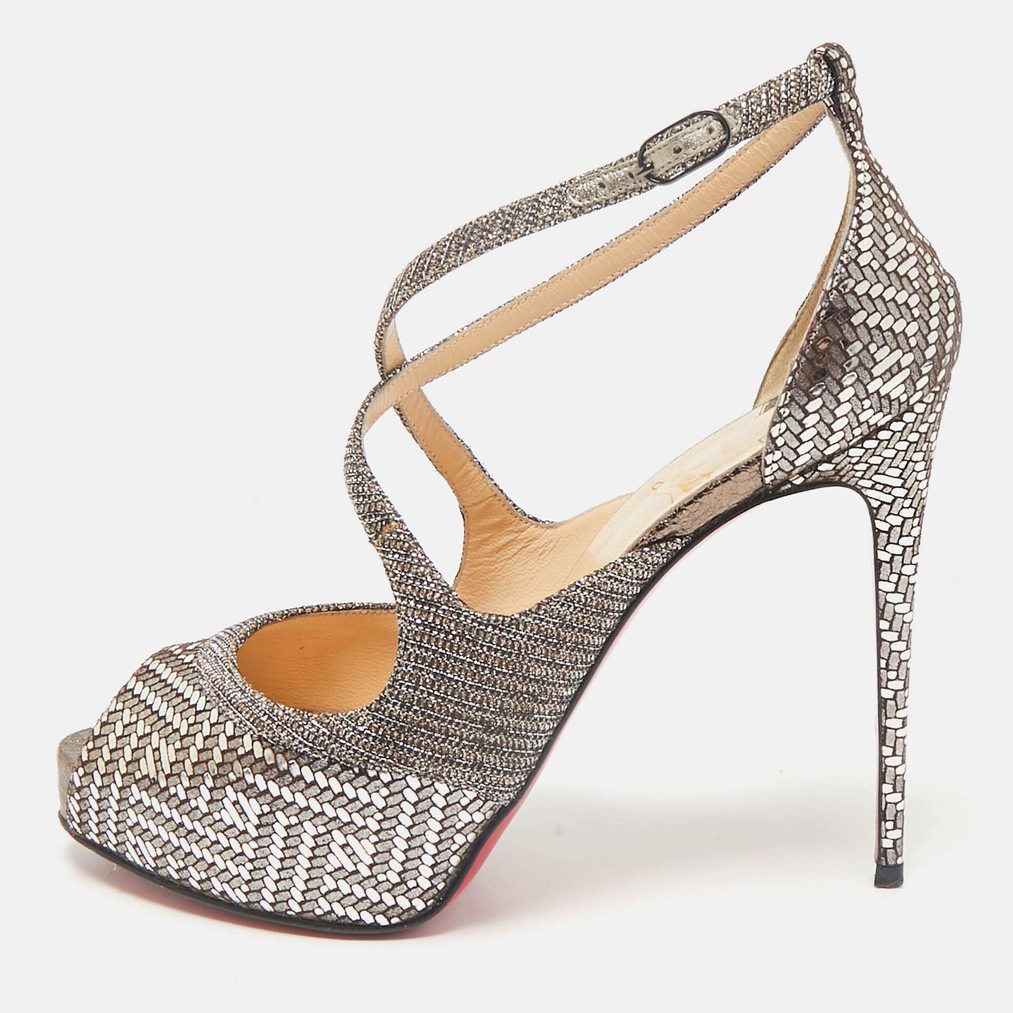 Christian Louboutin Metallic Lamé Fabric and Glitter Mira Bella Sandals Size, Silver
Christian Louboutin Metallic Lamé Fabric and Glitter Mira Bella Sandals Size, Silver