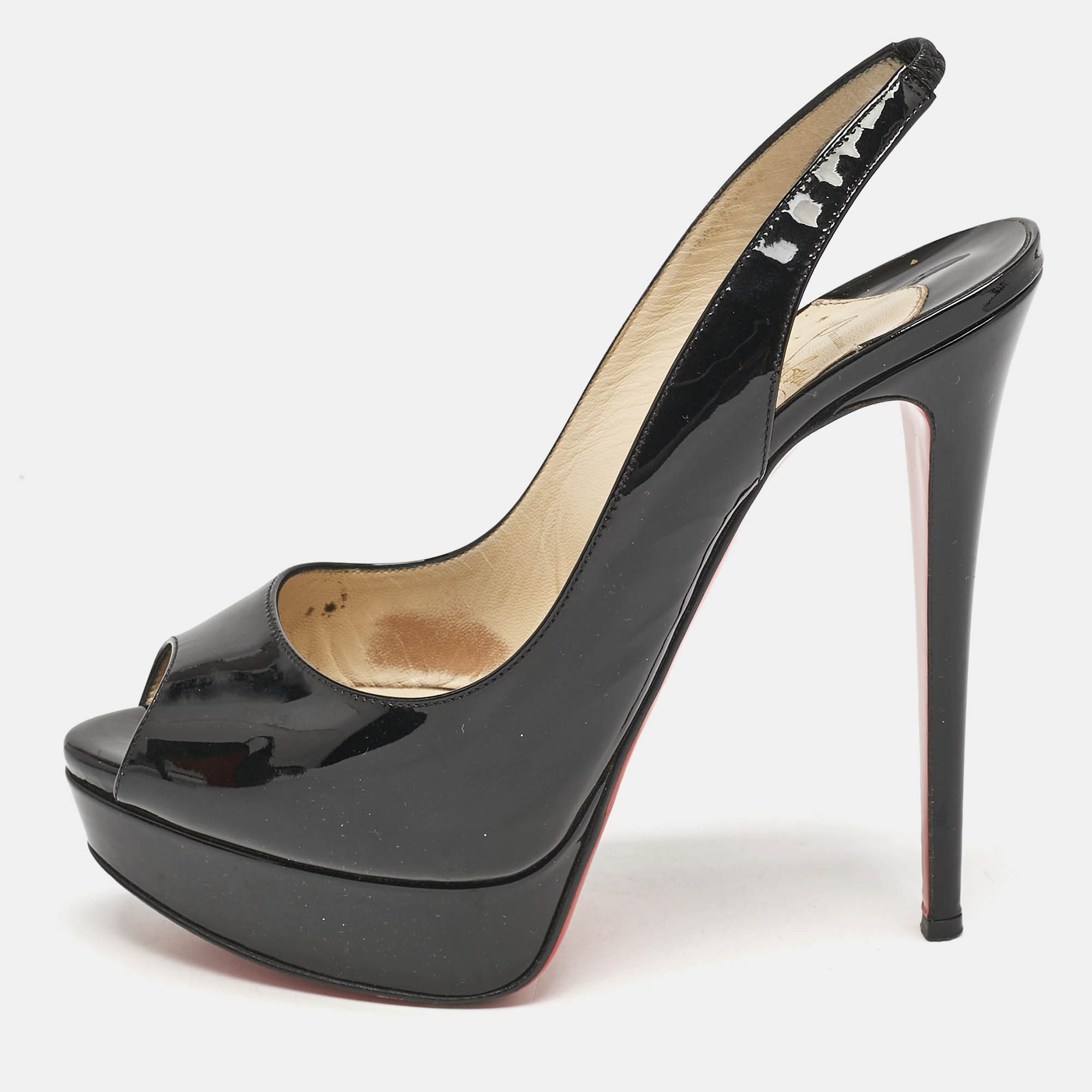 Christian Louboutin Black Patent Leather Lady Peep Sling Pumps Size
Christian Louboutin Black Patent Leather Lady Peep Sling Pumps Size