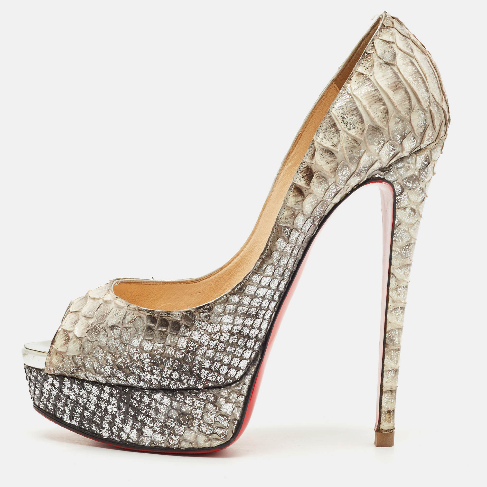 Christian Louboutin Metallic/Silver Python Leather Lady Peep Toe Platform Pumps Size
Christian Louboutin Metallic/Silver Python Leather Lady Peep Toe Platform Pumps Size