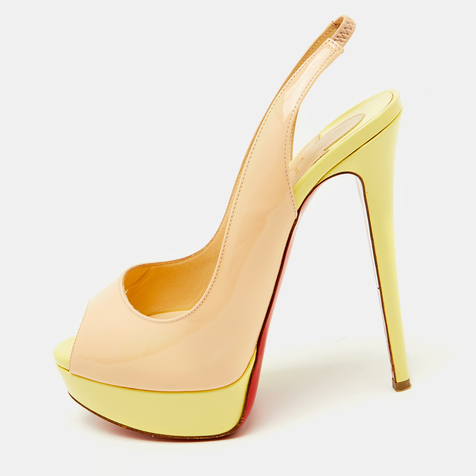 Christian Louboutin Beige/Yellow Patent Leather Lady Peep Toe Platform Slingback Pumps Size
Christian Louboutin Beige/Yellow Patent Leather Lady Peep Toe Platform Slingback Pumps Size