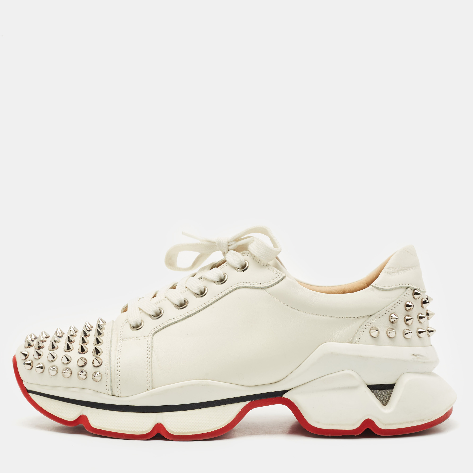 Christian Louboutin White Leather Spike Lace Up Sneakers Size 39.5
Christian Louboutin White Leather Spike Lace Up Sneakers Size 39.5