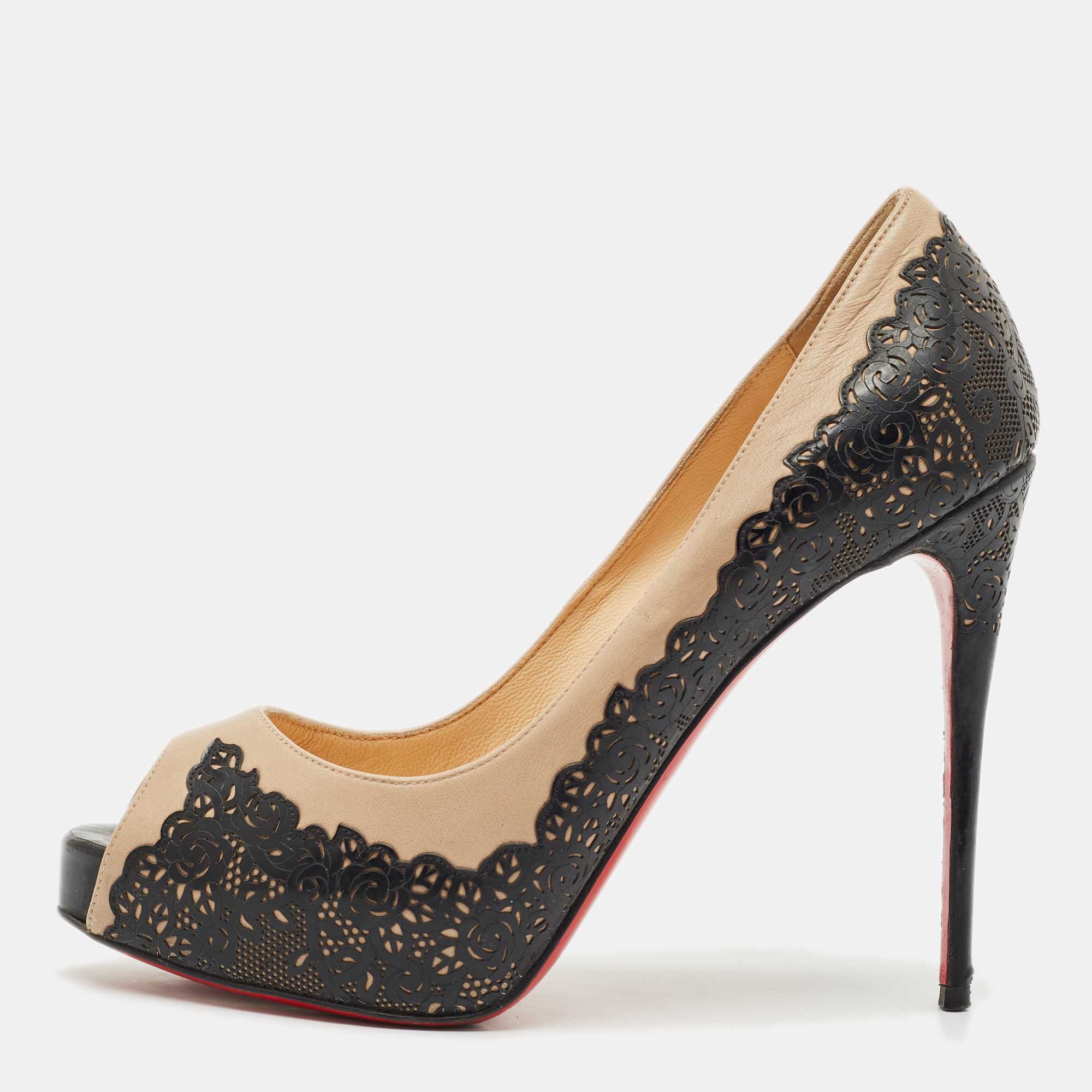 Christian Louboutin Two Tone Laser Cut Lace Patent And Leather Veramucha Peep Toe Pumps Size, Black
Christian Louboutin Two Tone Laser Cut Lace Patent And Leather Veramucha Peep Toe Pumps Size, Black