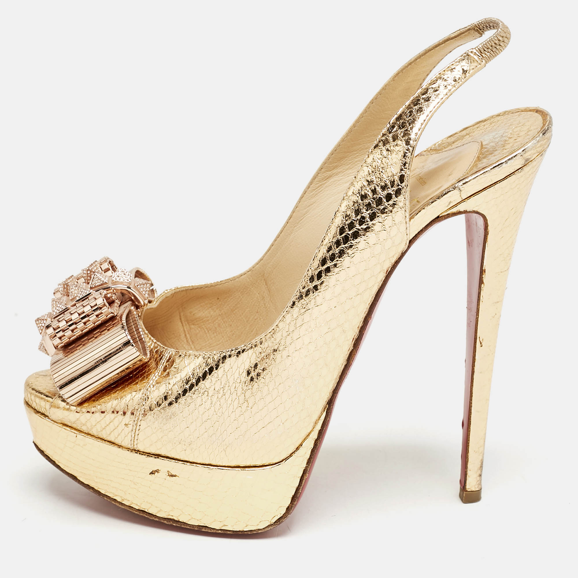 Christian Louboutin Rose Gold Snakeskin Embossed Leather Lady Clou Slingback Pumps Size
Christian Louboutin Rose Gold Snakeskin Embossed Leather Lady Clou Slingback Pumps Size
