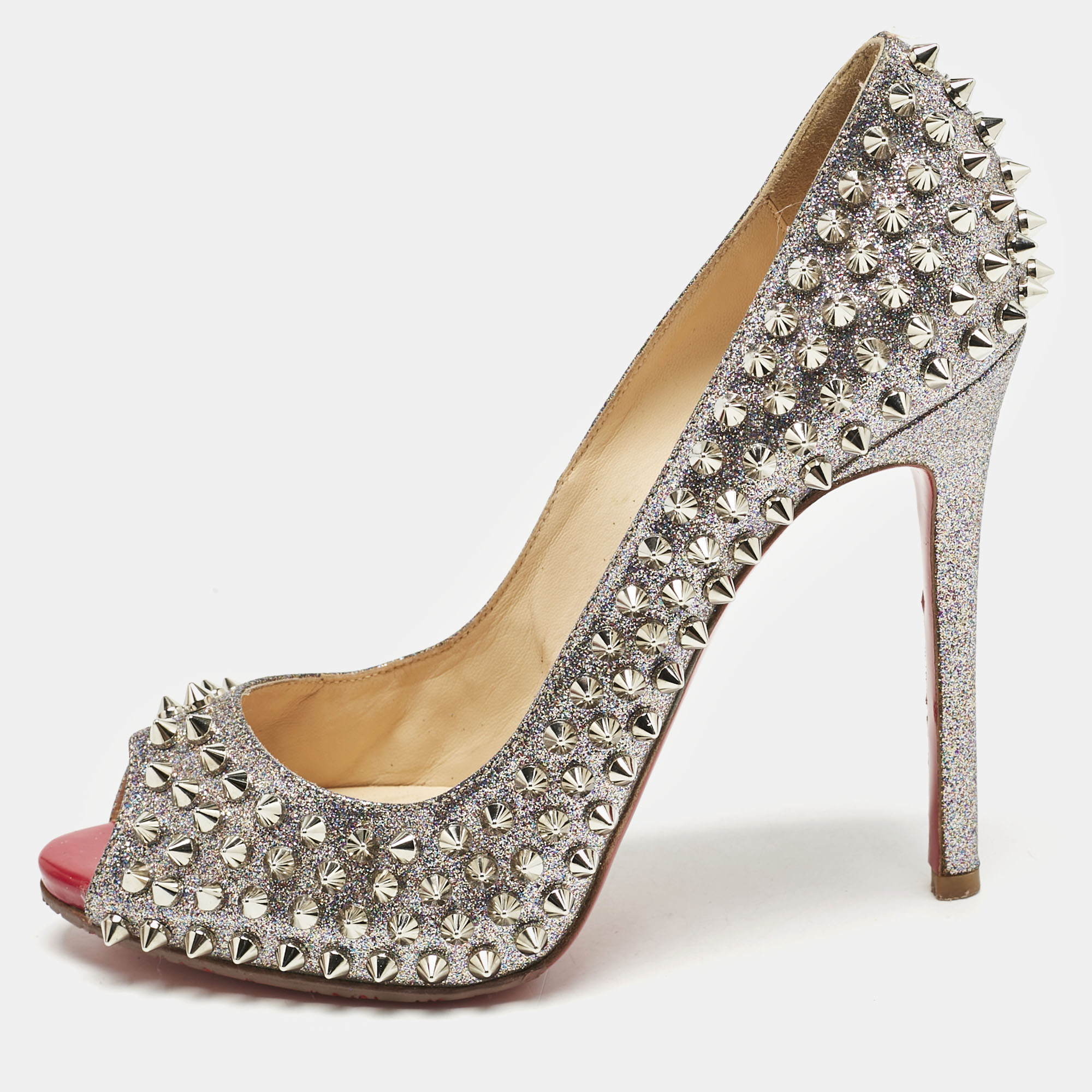 Christian Louboutin Metallic Silver Glitter Yolanda Spike Peep Toe Pumps Size
Christian Louboutin Metallic Silver Glitter Yolanda Spike Peep Toe Pumps Size