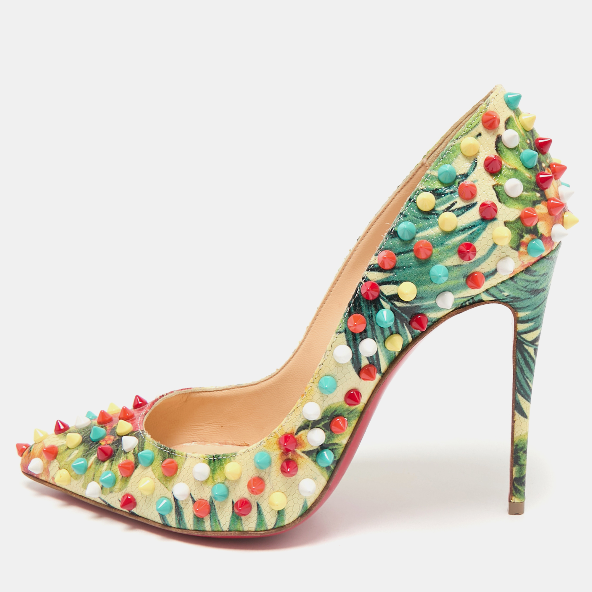 Christian Louboutin Multicolor Hawaiian Print Crackled Leather Follies Spikes Pumps Size
Christian Louboutin Multicolor Hawaiian Print Crackled Leather Follies Spikes Pumps Size