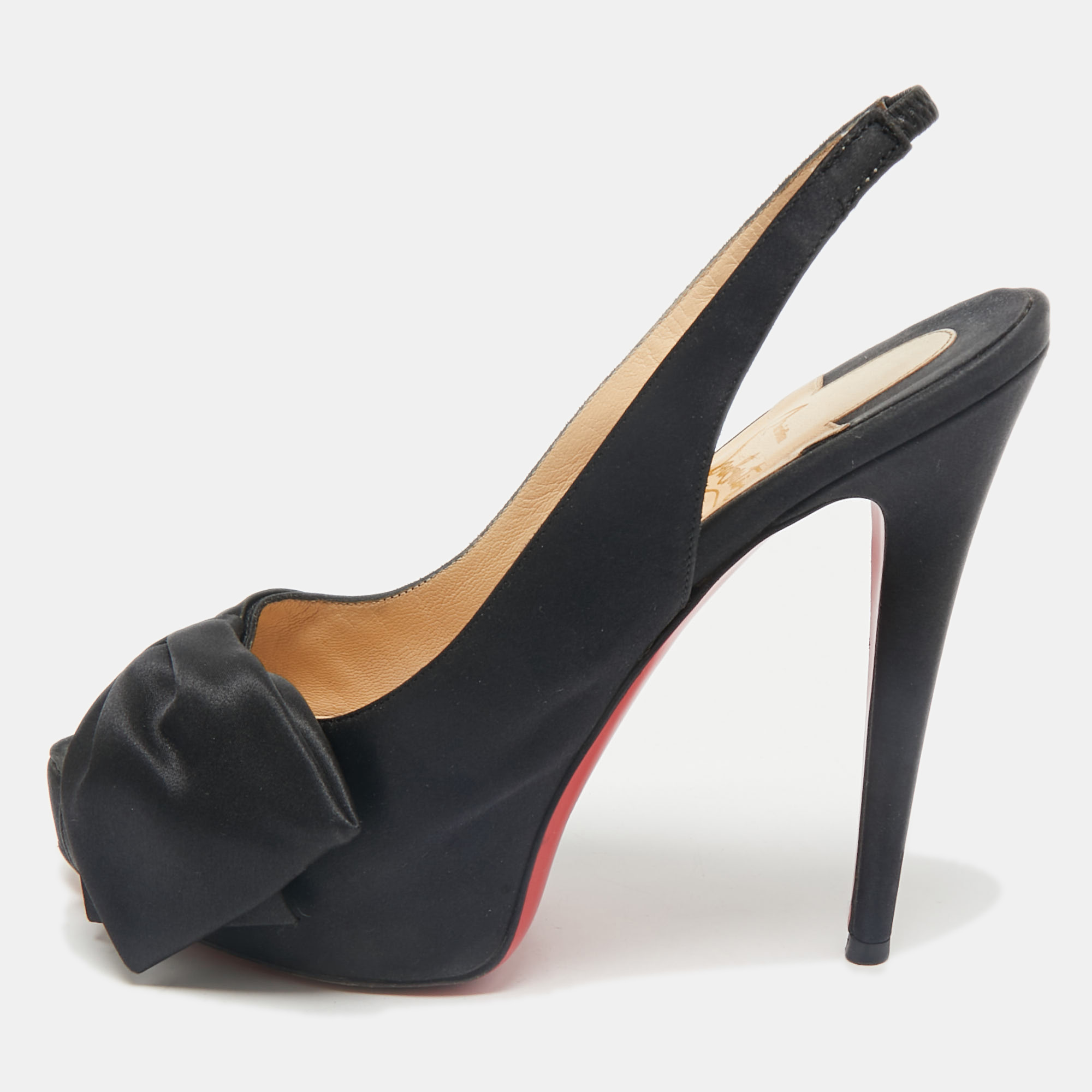 Christian Louboutin Black Satin Bow Peep Toe Platform Slingback Pumps Size
Christian Louboutin Black Satin Bow Peep Toe Platform Slingback Pumps Size